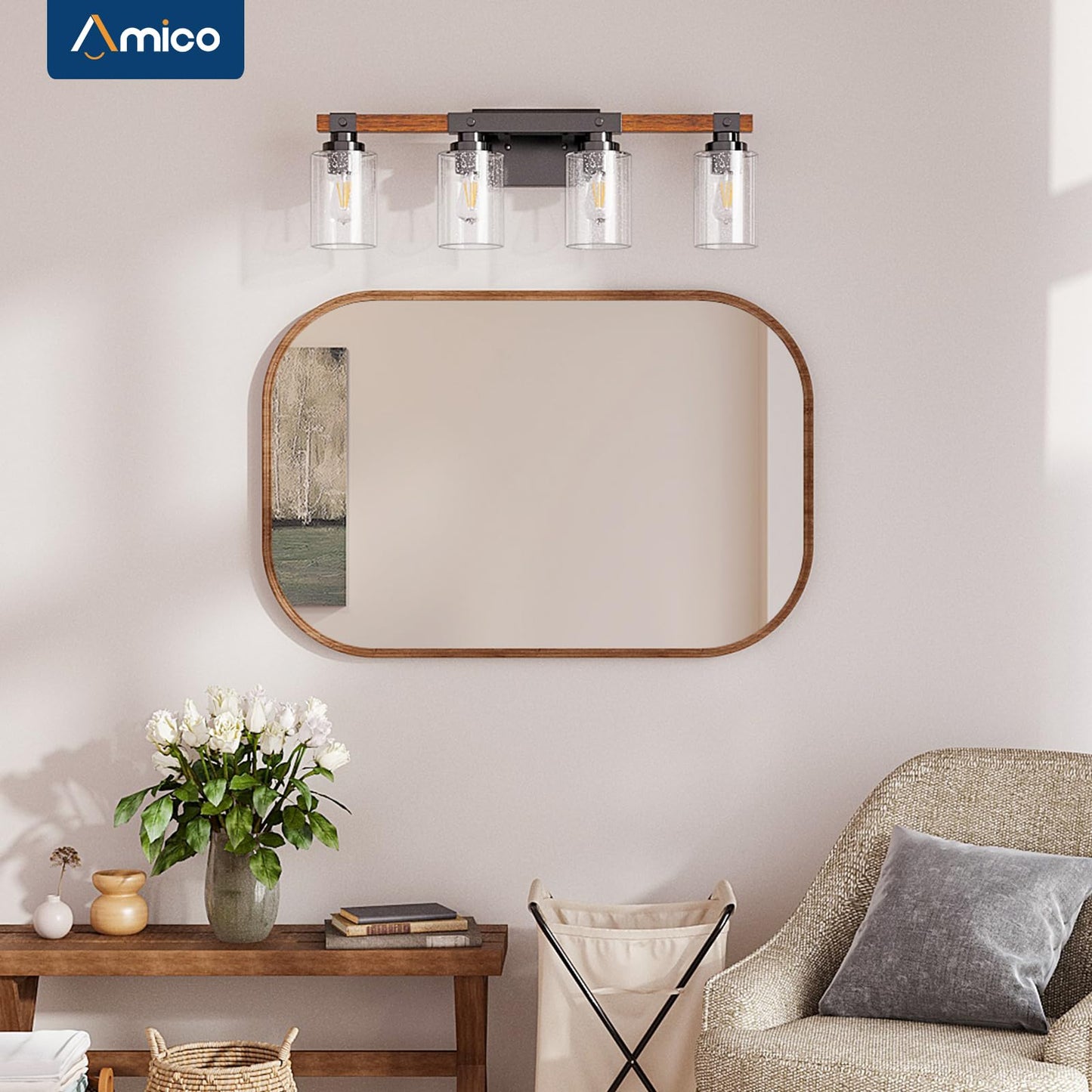 Amico Farmhouse Bathroom Vanity Light Fixtures,Rustic 4-Light Industrial Painted Wood Lights,Vintage Black Wall Sconces Bathroom Vanity Lighting with Bubble Glass Shade