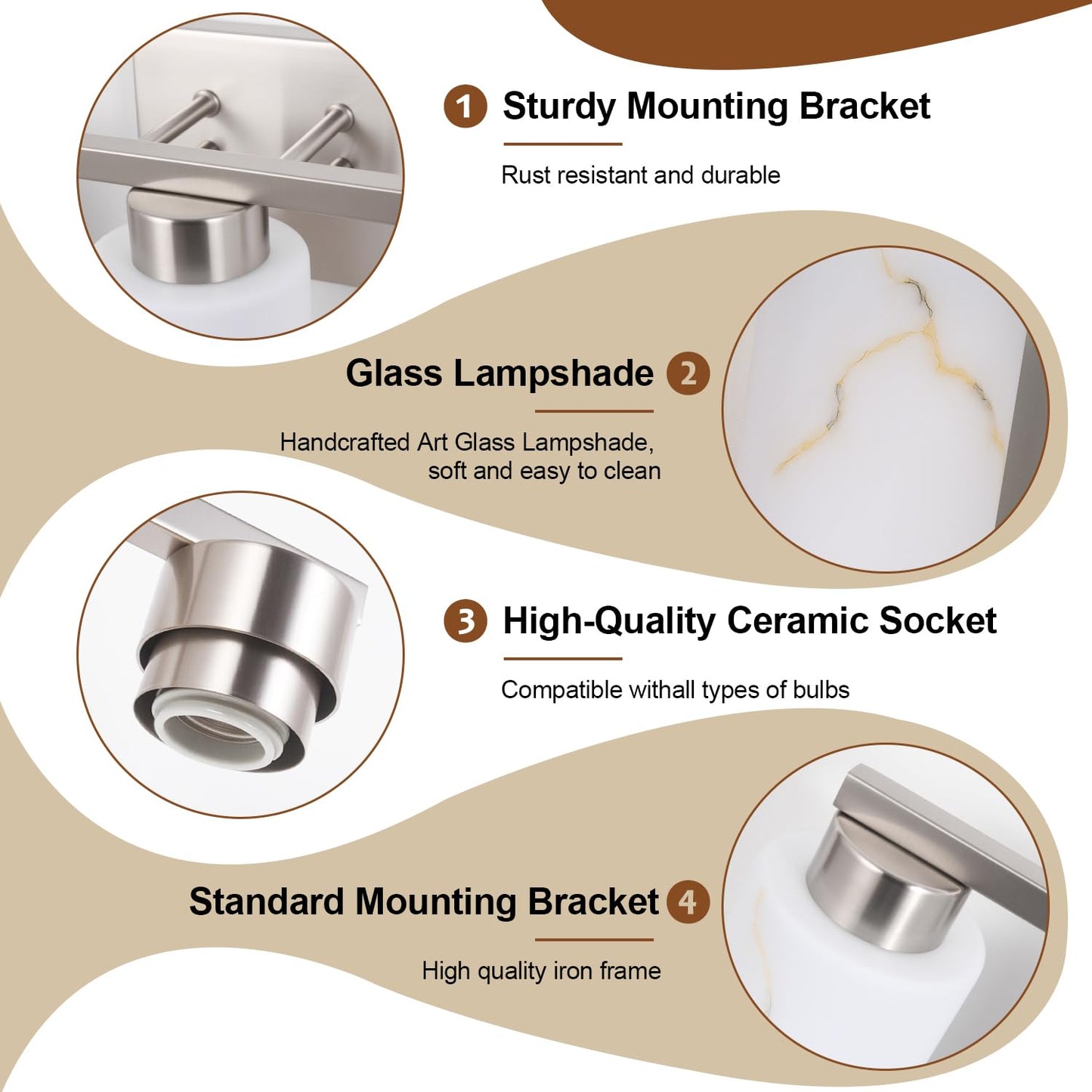 Mieloxiy 3-Light Bathroom Light Fixtures, Modern Vanity Lights, Brushed Nickel Metal Wall Lamp with White Marble Glass for Bathroom, Mirror, Living Room, Bedroom, Cabinet, Porch, Hallway, E26 Base