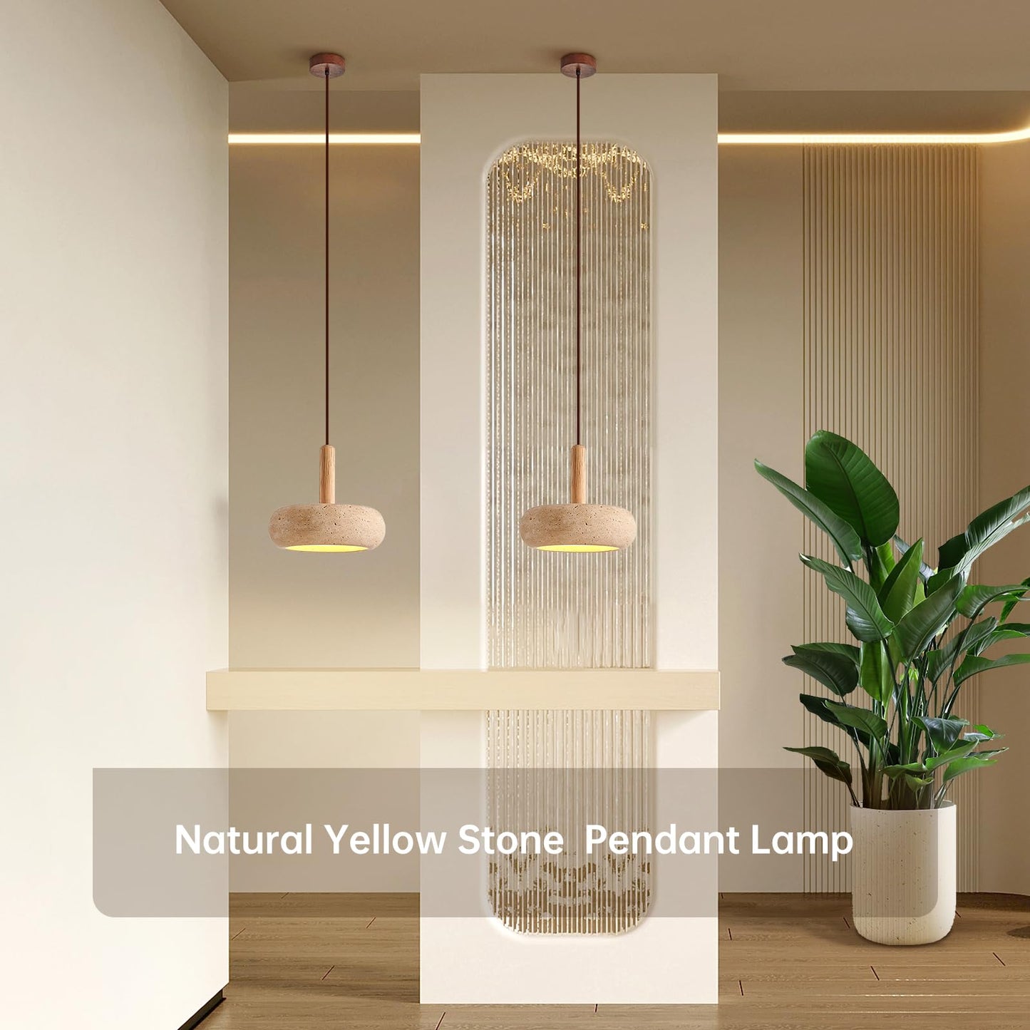 Wabi Sabi Pendant Light Natural Stone Shade Nordic Wood Chandelier,Yellow Travertine Cave Lamp, Japanese Style Lights 15W,Natural Stone Lights for Dining Room Bedside Kitchen Island Hallway
