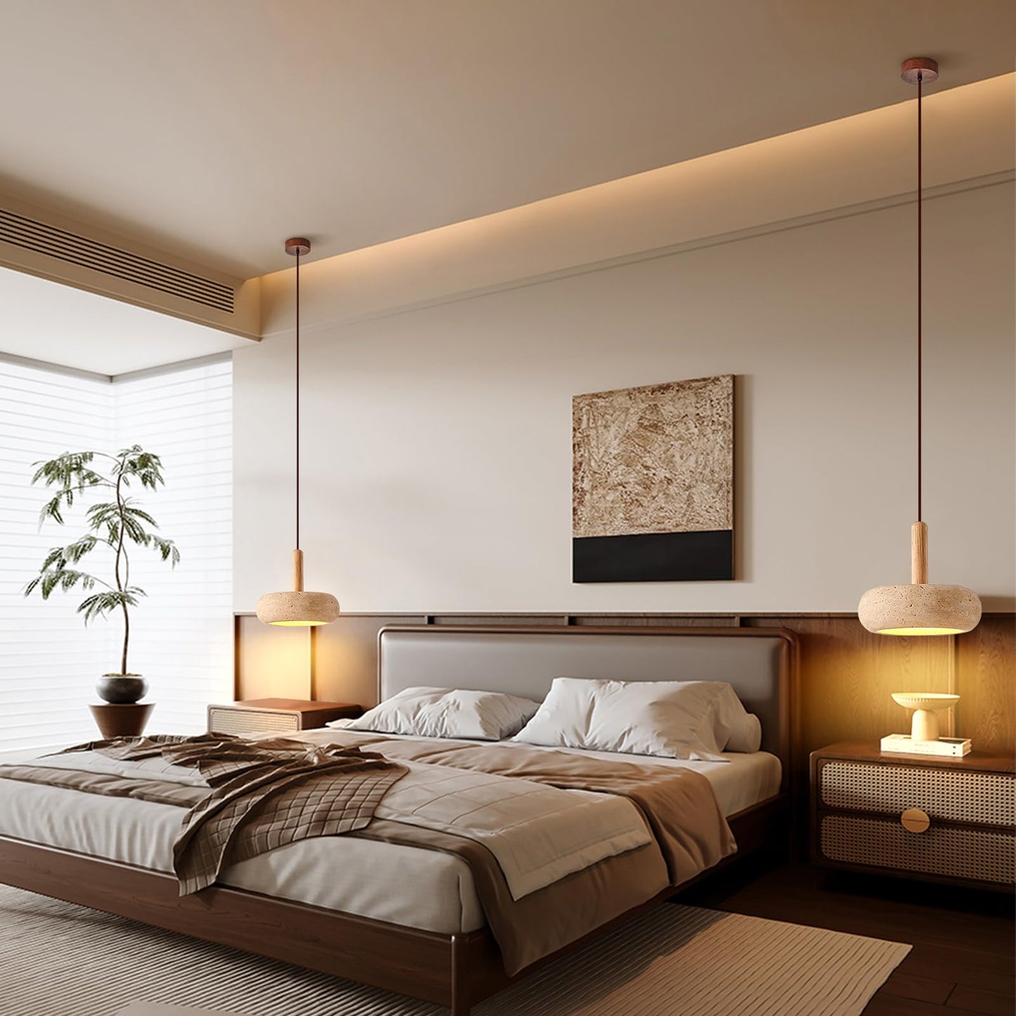 Wabi Sabi Pendant Light Natural Stone Shade Nordic Wood Chandelier,Yellow Travertine Cave Lamp, Japanese Style Lights 15W,Natural Stone Lights for Dining Room Bedside Kitchen Island Hallway