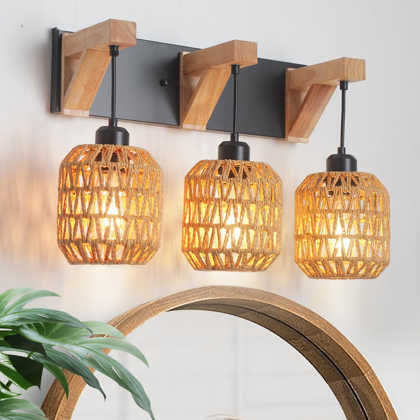 3-Light Bathroom Vanity Light Fixtures, Rustic Style Rattan Bathroom Wall Sconce with Handmade Bamboo Woven Boho Wicker Lampshade, Farmhouse Wooden Bracket, Suit for Stairway Bedroom and Hallway
