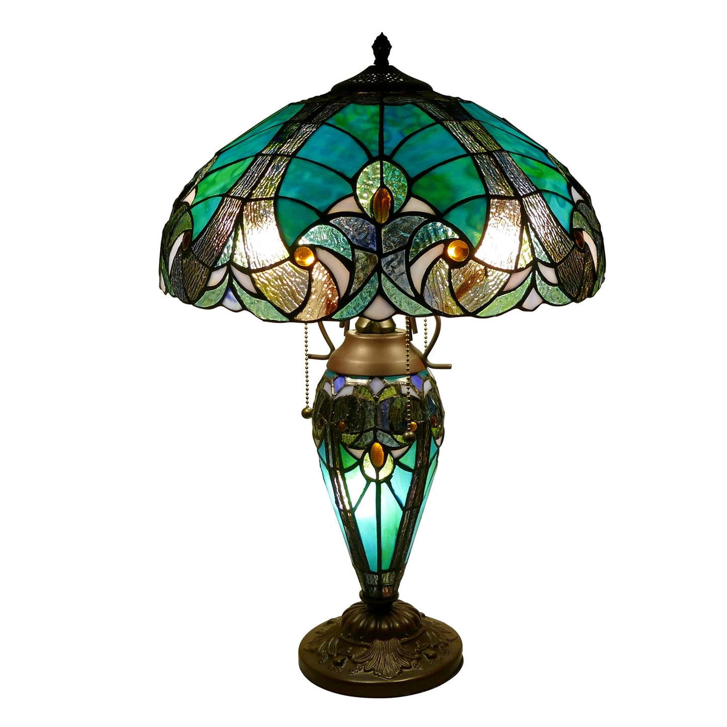 VirtueKing Tiffany Style Table Lamp 16 Inch Wide Green Tiffany Lamp Handmade Stained Glass Lamp 24" Tall Mother-Daughter Style Desk Reading Light Decor for Bedroom Living Room Home Office