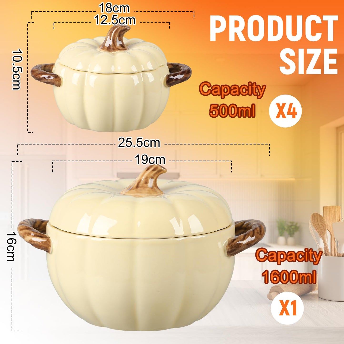 Maxdot Set of 5 Ceramic Pumpkin Bowls with Lid and Handles Pumpkin Shape Soup Serving Pot Storage Jar for Fall Thanksgiving Halloween Party Kitchen Dessert Decoration 17Oz & 54Oz(Cream Yellow)
