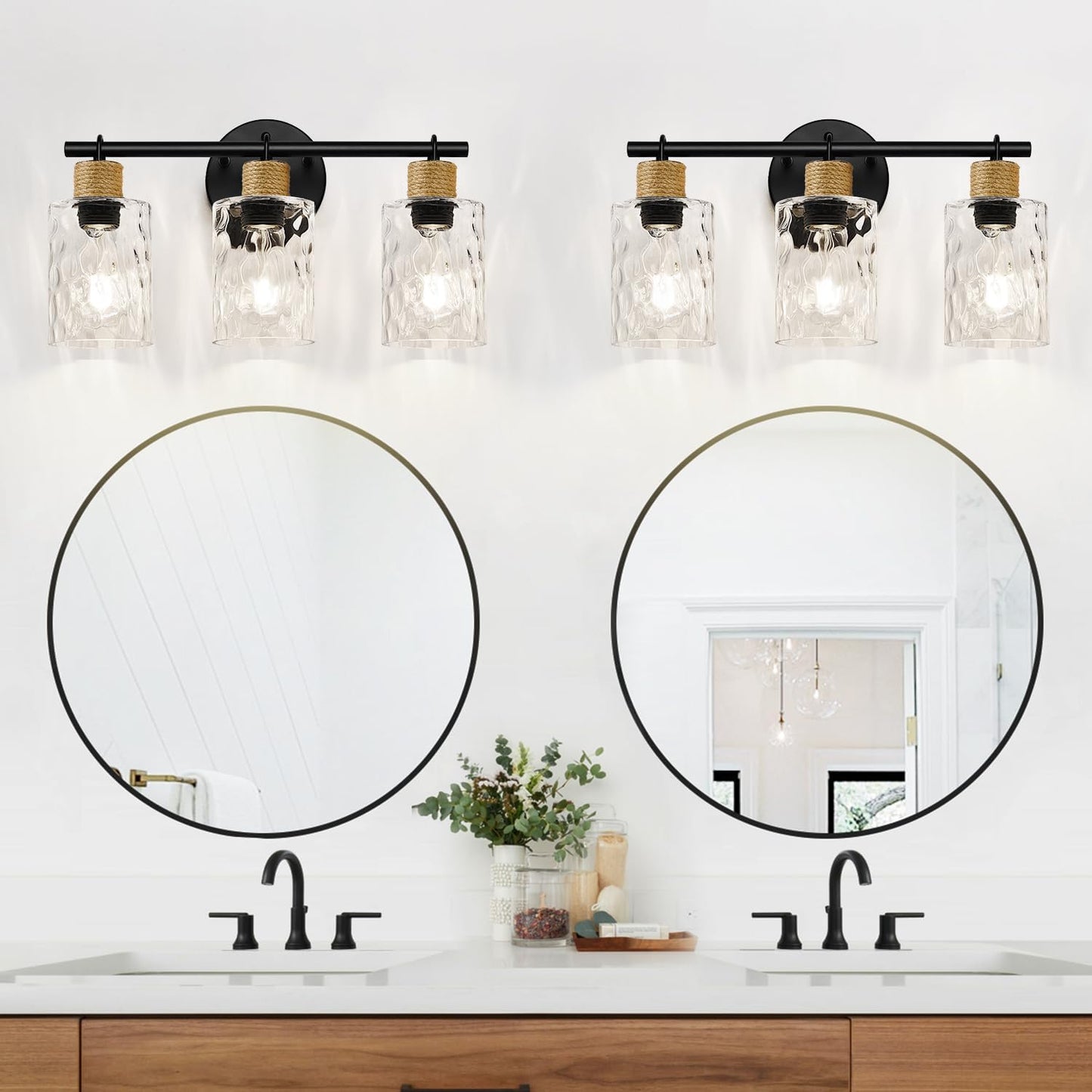 2025 Upgrade Bathroom Light Fixtures, 3-Light Coastal Vanity Lights with Crystal Glass Shade, Black Bathroom Wall Lamp for Mirror Kitchen Hallway Cabinet
