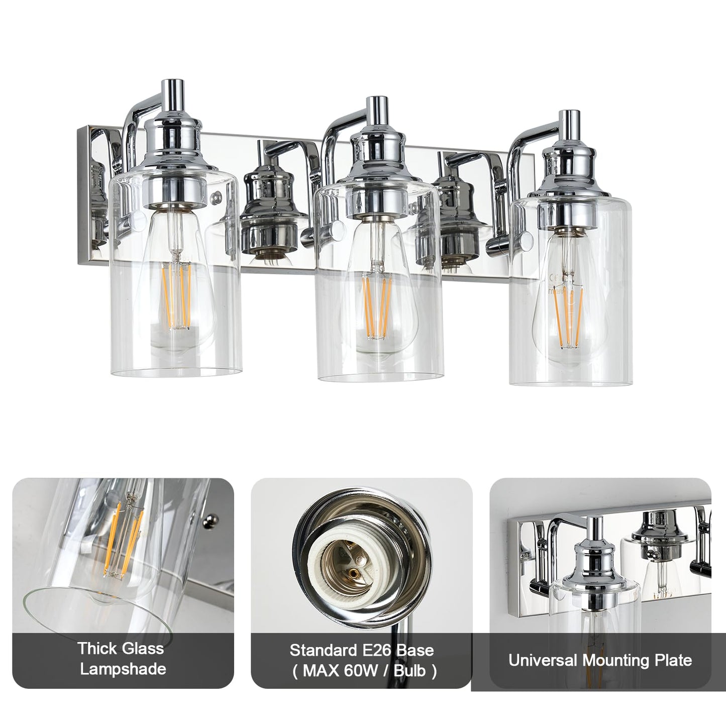 ALAISLYC 3-Light Bathroom Light Fixtures Modern Chrome Vanity Lights for Bathroom Lighting Fixtures Over Mirror for Cabinet Mirror Bedroom Hallway