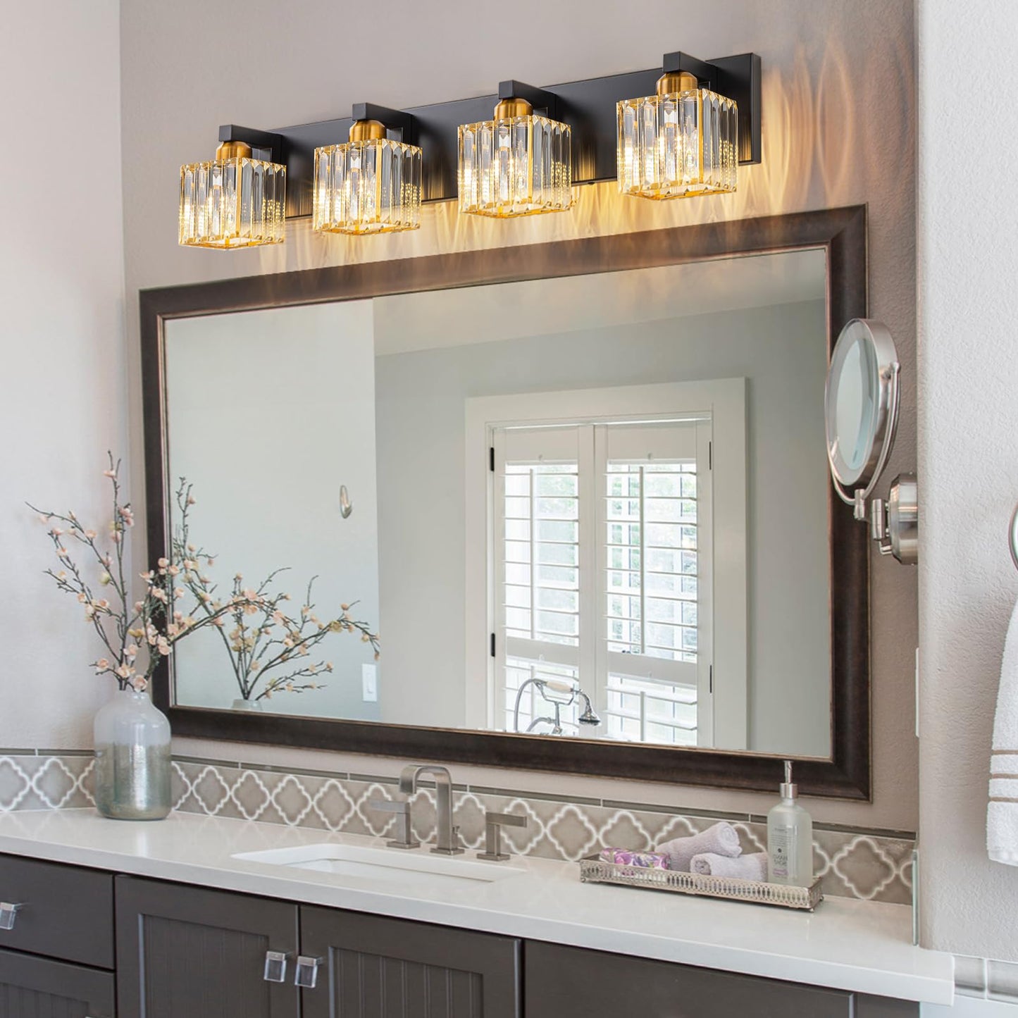 HUOKU Crystal Black Gold Bathroom Vanity Light, 4-Lights Bathroom Lighting Fixtures Over Mirror Modern Crystal Wall Lighting with Square Shade