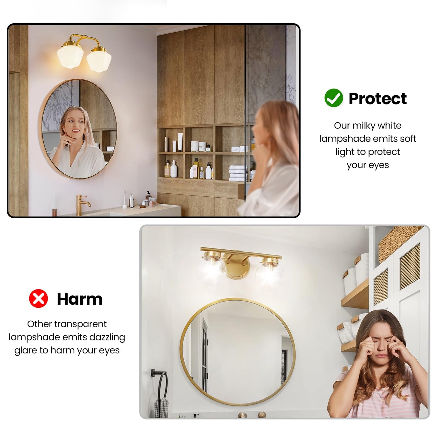 RUIYEY Bathroom Vanity Light Fixtures: 2-Lights Gold Bathroom Lighting Fixtures Over Mirror, Mid-Century Modern Wall Sconces with Frosted Milky Glass for Kitchen Bedroom Hallway