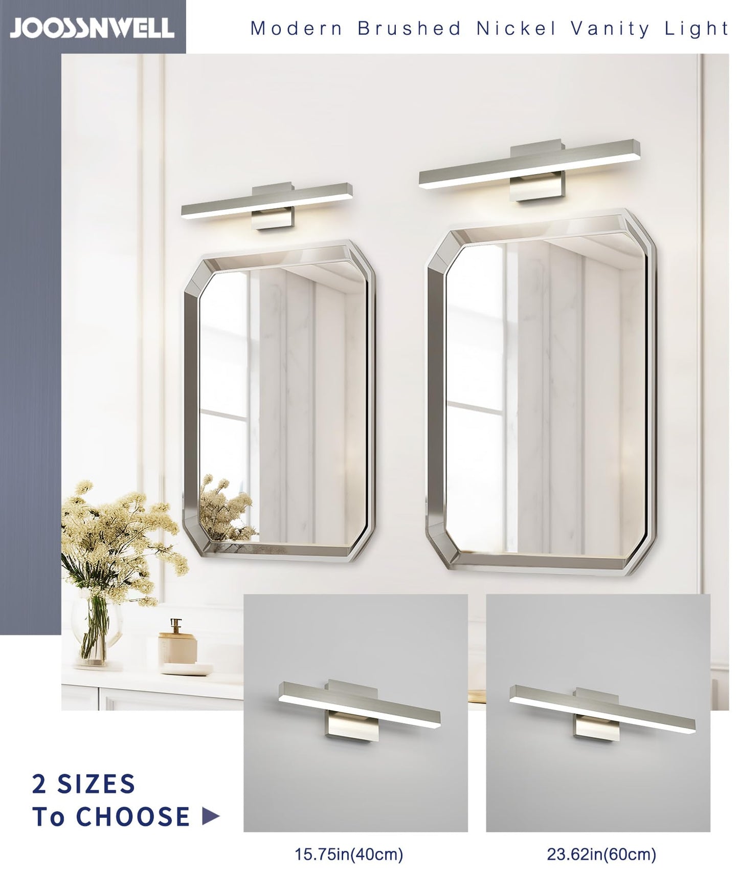 Joossnwell Bathroom Vanity Light Brushed Nickel Bathroom Light Fixtures Over Mirror 23.62 inch 5CCT Dimmable Modern LED Vanity Lighting Bar ETL Certificated