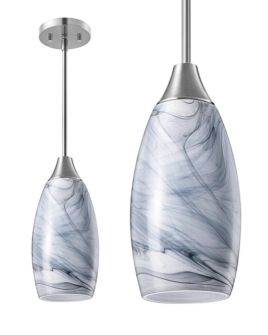EDISHINE Pendant Light Fixture, Handcrafted Art Glass Hanging Light, Hardwired Ceiling Light, Grey Marble Glass Shade, Adjustable Brushed Nickel Rods, E26 Base, Pendant Lamp for Kitchen Island, Bar