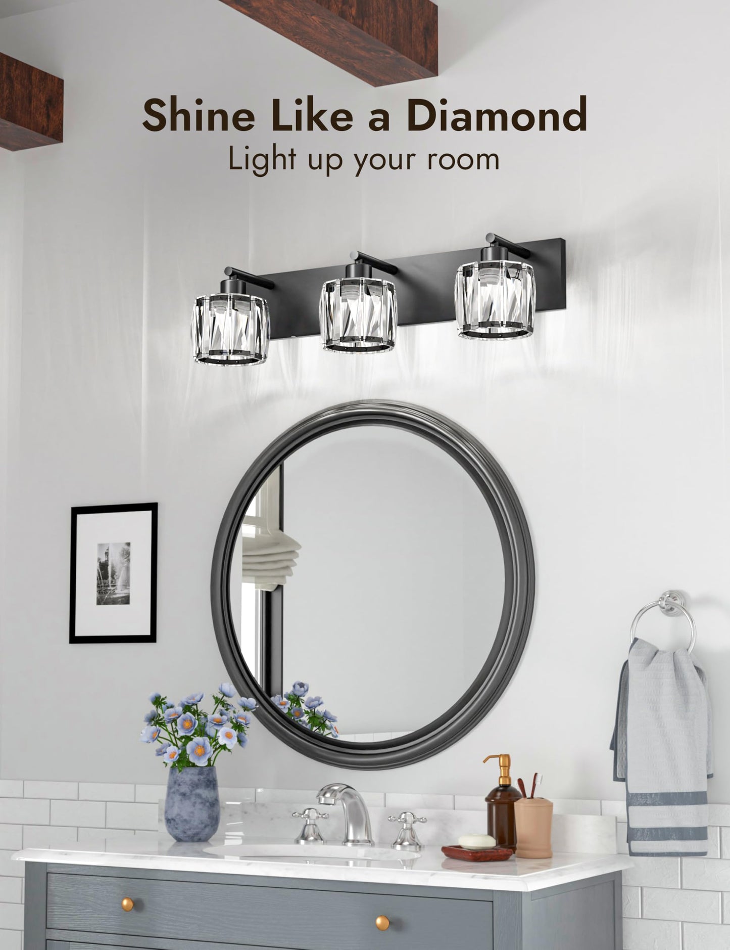 VOLISUN Crystal Vanity Lights for Bathroom, 3 Light Bathroom Vanity Light, Modern Matte Black Bathroom Light Over Mirror, Black Bathroom Light Fixtures-UL Certificated(Exclude Bulb)