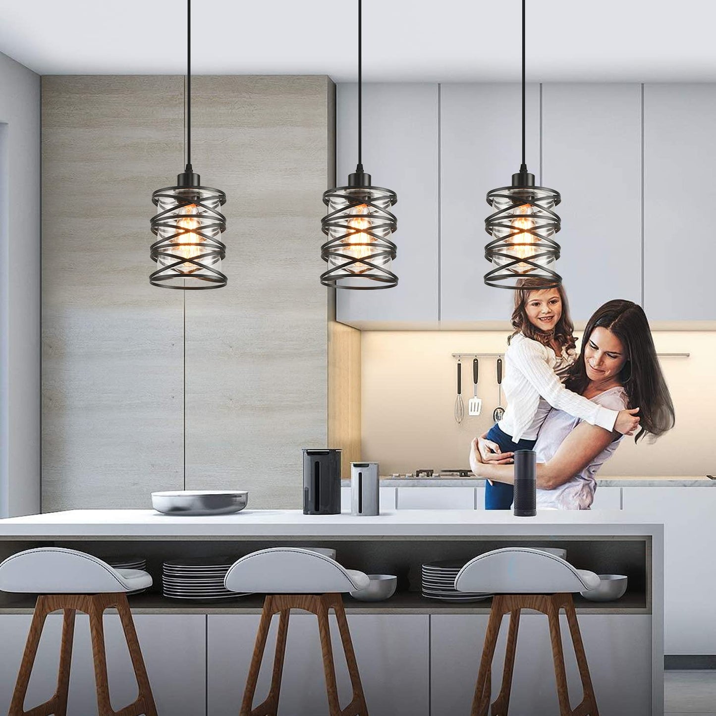 IHENGYANLT 3 Pack Pendant Light Kitchen Island Pendant Lighting, Glass Hanging Light with Spiral Cage Clear Glass Shade, Black Modern Indoor Hanging Lamp