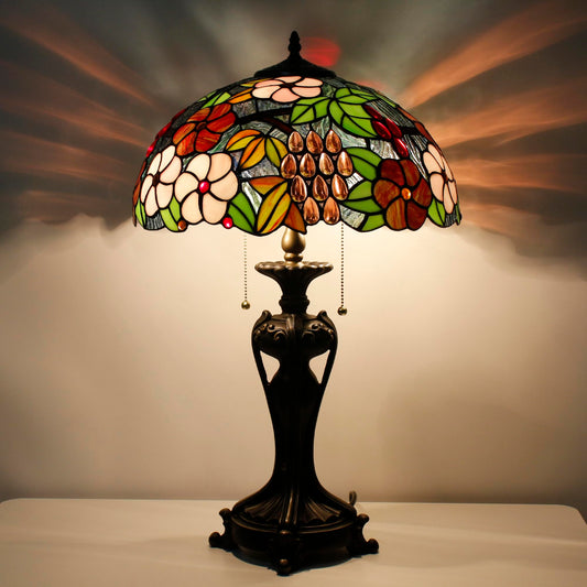 ANYONGLU Tiffany Lamp Stained Glass Table Lamp 16X16X24 inch Purple Orange Rose Flower Style Desk Reading Light Resin Base Decor Bedroom Living Room Home Office (Green Purple Grape)