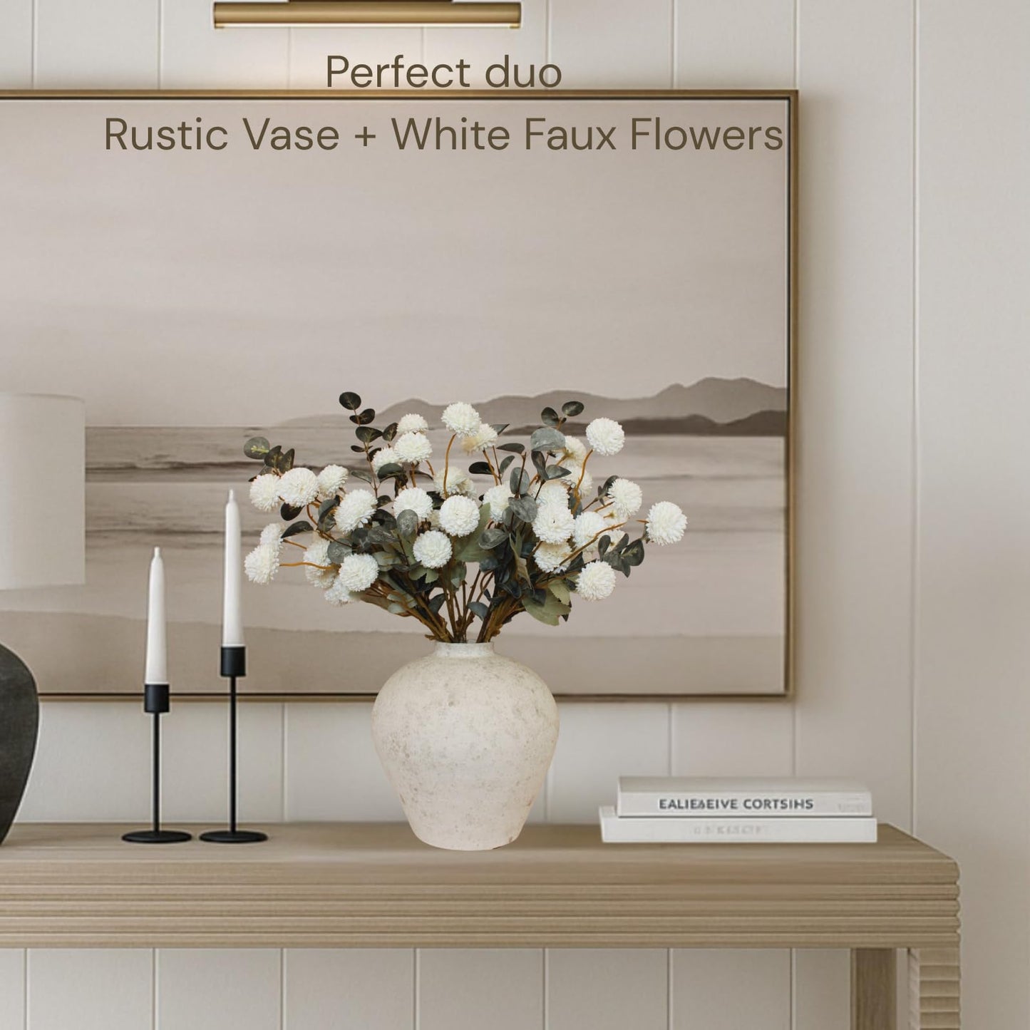 Handemade Large Round Vase for Centerpieces, White Rustic Vase Farmhouse Decor, Distressed Textured for Home Decorations, Earthy Room Decor Aesthetic, Stone Look Ceramic Clay Pottery, 10 inch