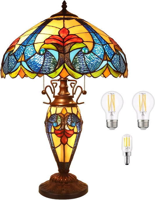 Pterying Tiffany Lamp, 24'' Tall Tiffany Table Lamp with Retro Pull Switch, 3 LED Bulbs Included, Vintage Living Room Bedroom Home Office Bedside Reading Lamp