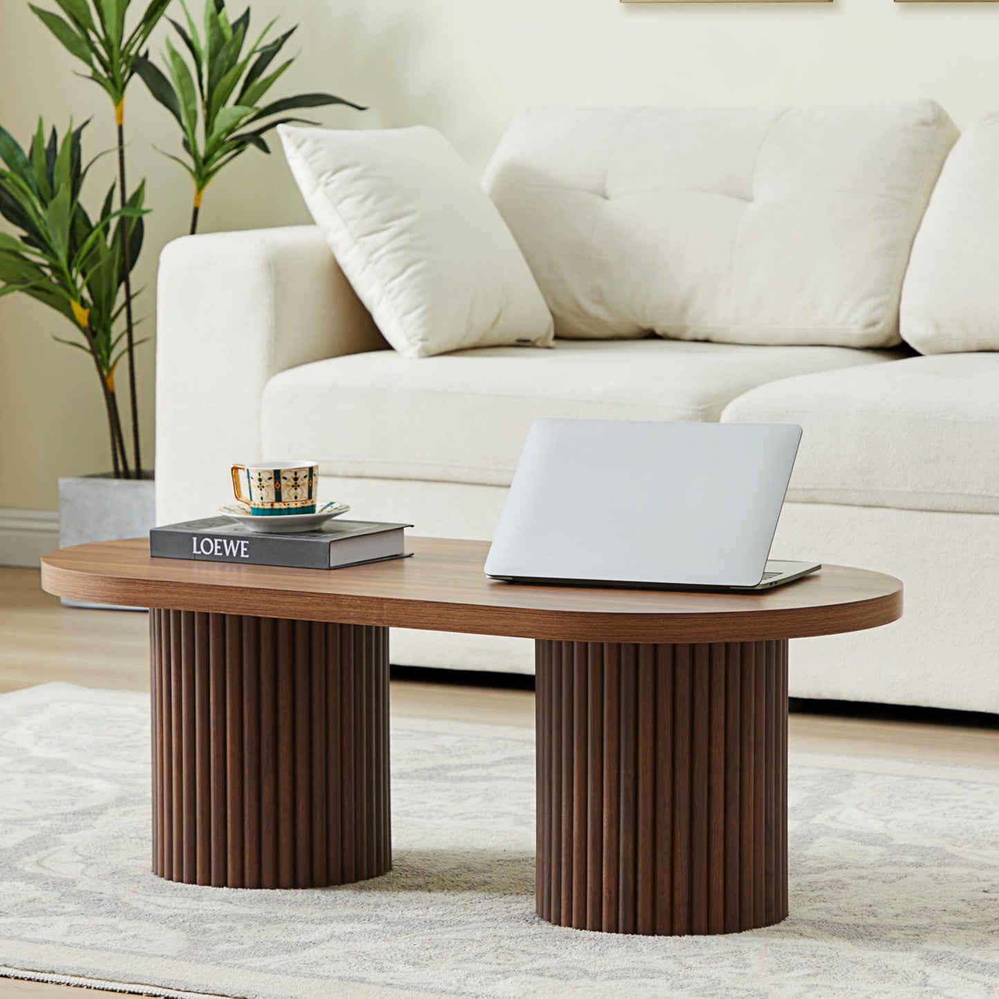 RUSTYER Oval Fluted Coffee Table, Farmhouse Wood Coffee Table Mid Century Modern Center Table Boho Living Room Tables for Living Room Office (Walnut, 19.69" D x 39.38" W x 13.78" H)