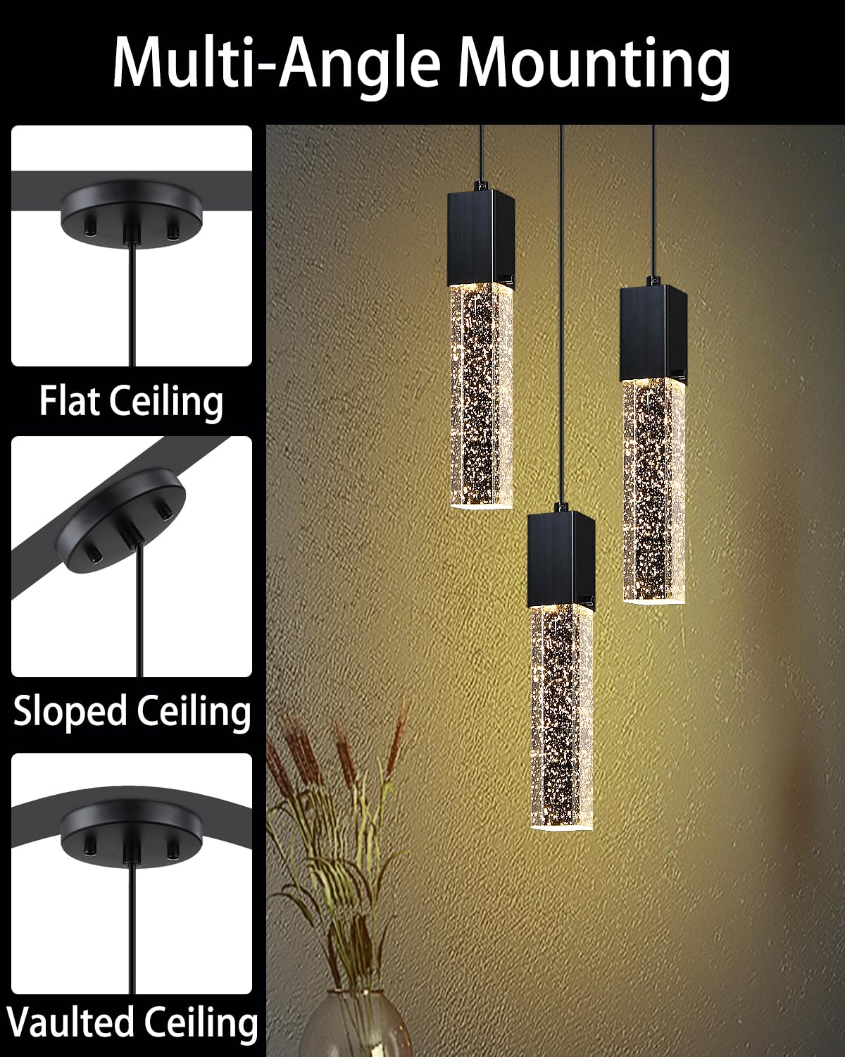 SEENMING HOUSE Mini Integrated Hanging Crystal Kitchen Island Modern Concise Pendant Ceiling Light Fixture,for Kitchen Island Dining Room Bedroom Hallway(Black, 3 Pack)