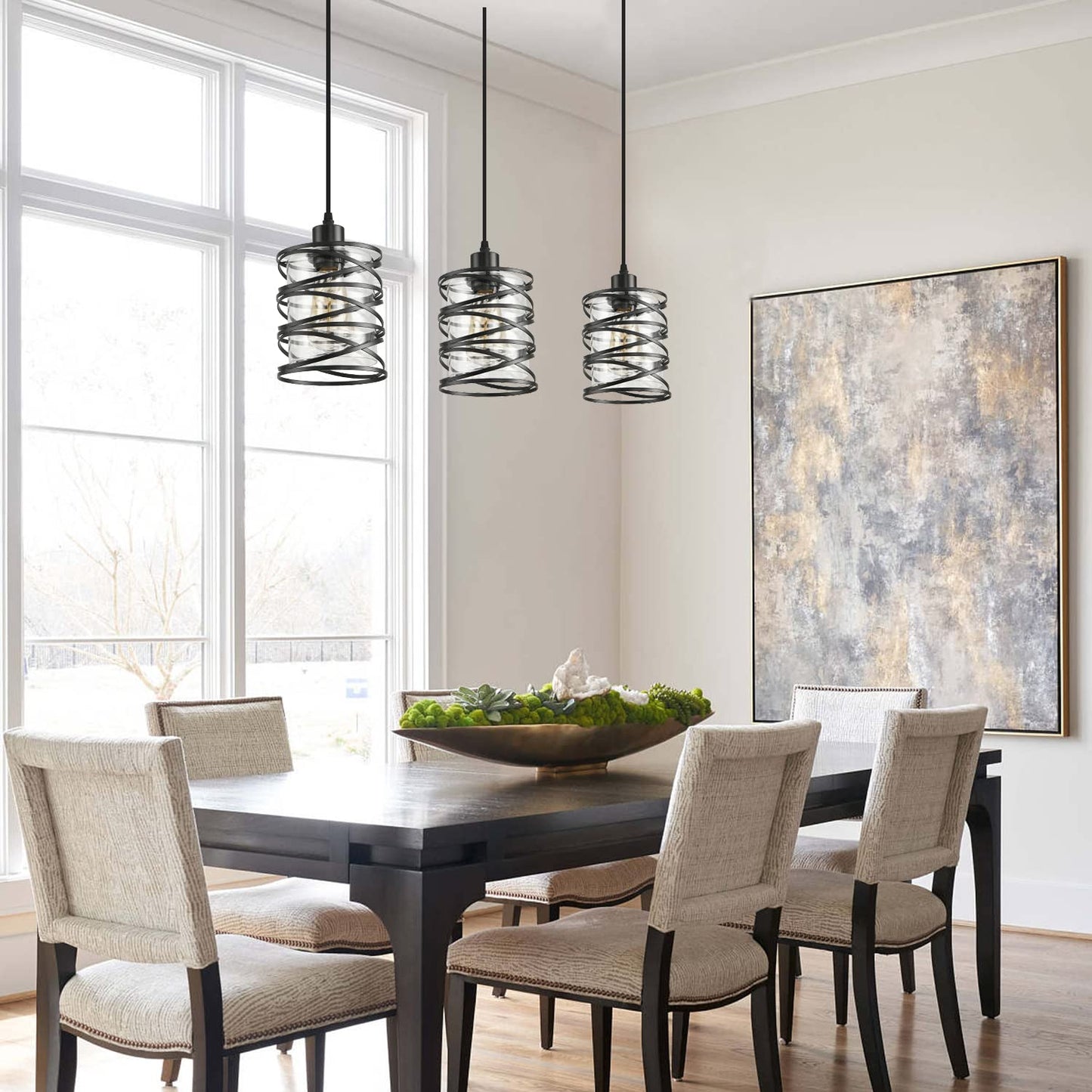 IHENGYANLT 3 Pack Pendant Light Kitchen Island Pendant Lighting, Glass Hanging Light with Spiral Cage Clear Glass Shade, Black Modern Indoor Hanging Lamp