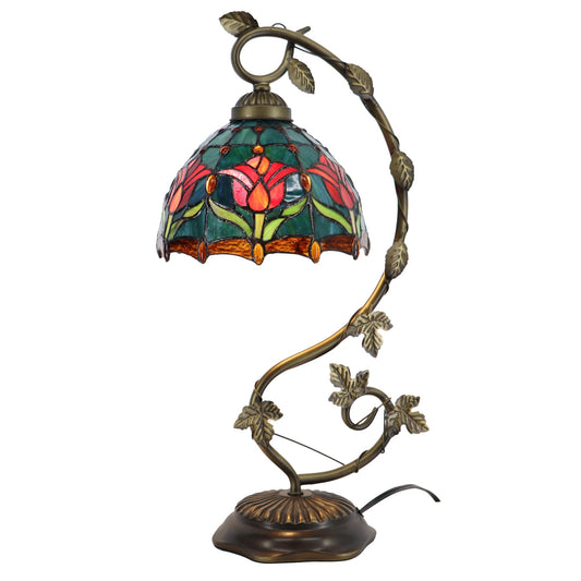 LXHCYOU Tiffany Table Lamp, Stained Glass Desk Light, 8X10X21 Inches, Metal Leaf Base (Tulip Style)