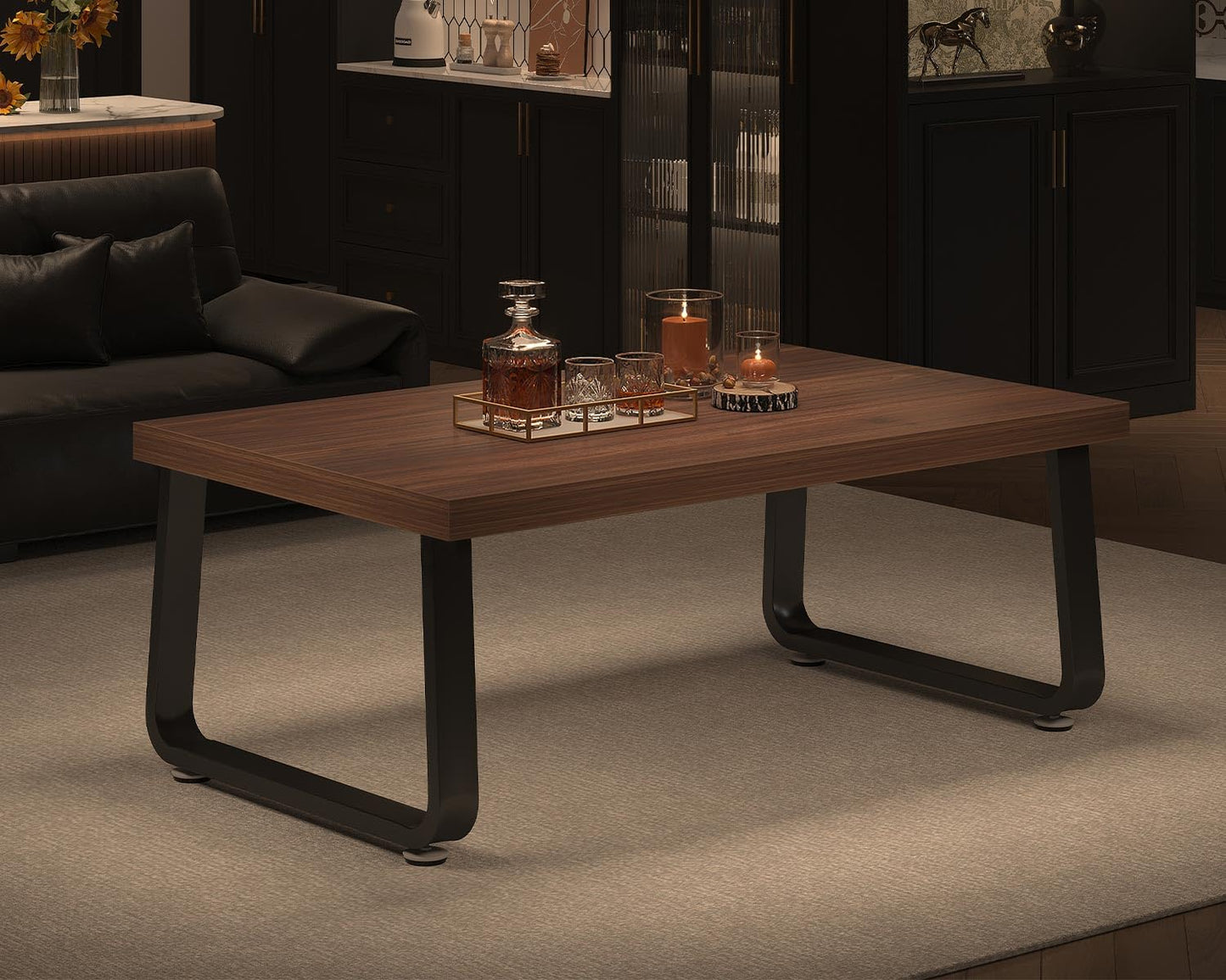 HSH Rustic Walnut Coffee Table, 39” Mid Century Modern Center Table, Rectangle Industrial Living Room Coffee Table, Simple Farmhouse Wood and Metal Tea Coffee Tables for Home Bedroom, Walnut, 39 in
