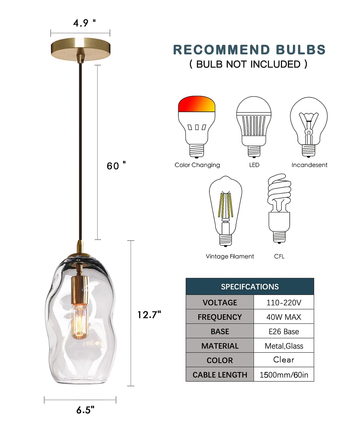 CASAMOTION Pendant Light Fixtures Glass Pendant Lights Kitchen Island Modern Gold Brass Kit Clear Organic Globe Bar Counter Dining Room Large Lamp Shade 12 Inch Height 1 Pack