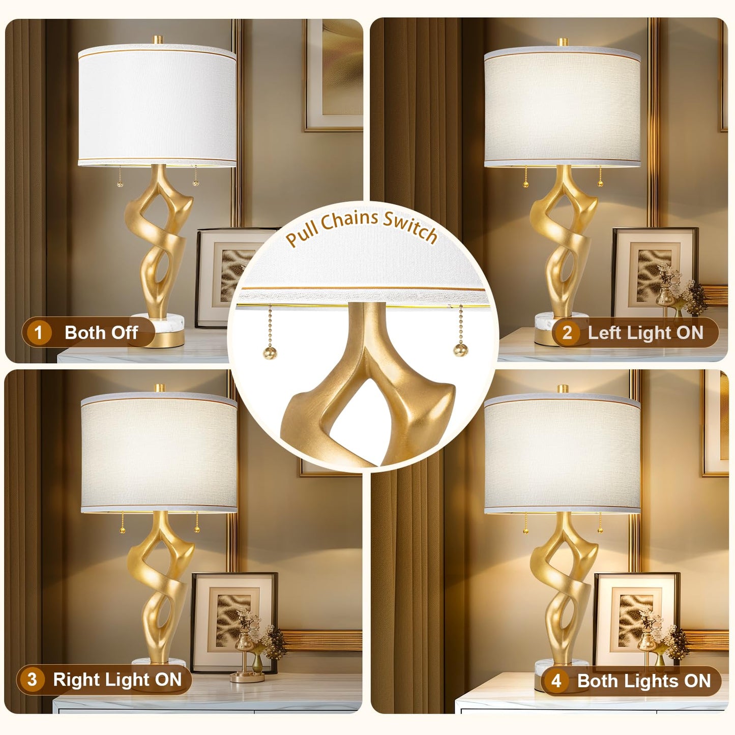 Scenekoy Sculptural Table lamp Set of 2 for Living Room with Marble Base & USB Ports, Gold Leaf Finish Rustic Bedside Lamps with S Cluster Pull Chains Switch, Nightstand Lamp for Office Hotel Bar