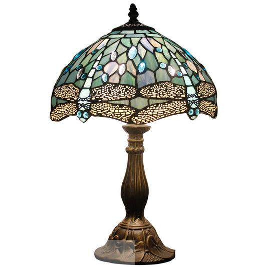 WERFACTORY Tiffany Lamp Sea Blue Stained Glass Table Lamp 12X12X18 Inches Dragonfly Style Desk Reading Light S147 Series