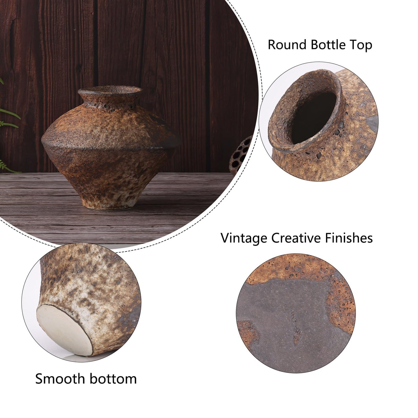 Small Stone Vase for Rustic Home Decor, Farmhouse Antique Pottery Vase Furniture&Table Flower Decorative, Round Terracotta Vases for Living Room Decor, Modern Rustic Concrete Clay Art Vases