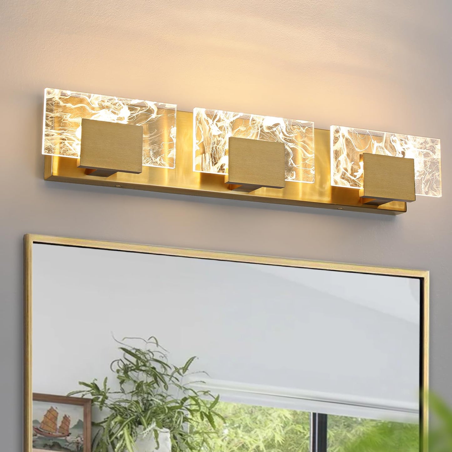 HAHZT LED Bathroom Vanity Light: 24 inch Brushed Gold Acrylic Modern Lighting Fixtures - 3 Lights Contemporary Smoke Design Wall Lights Fixture Over Mirror 3000K