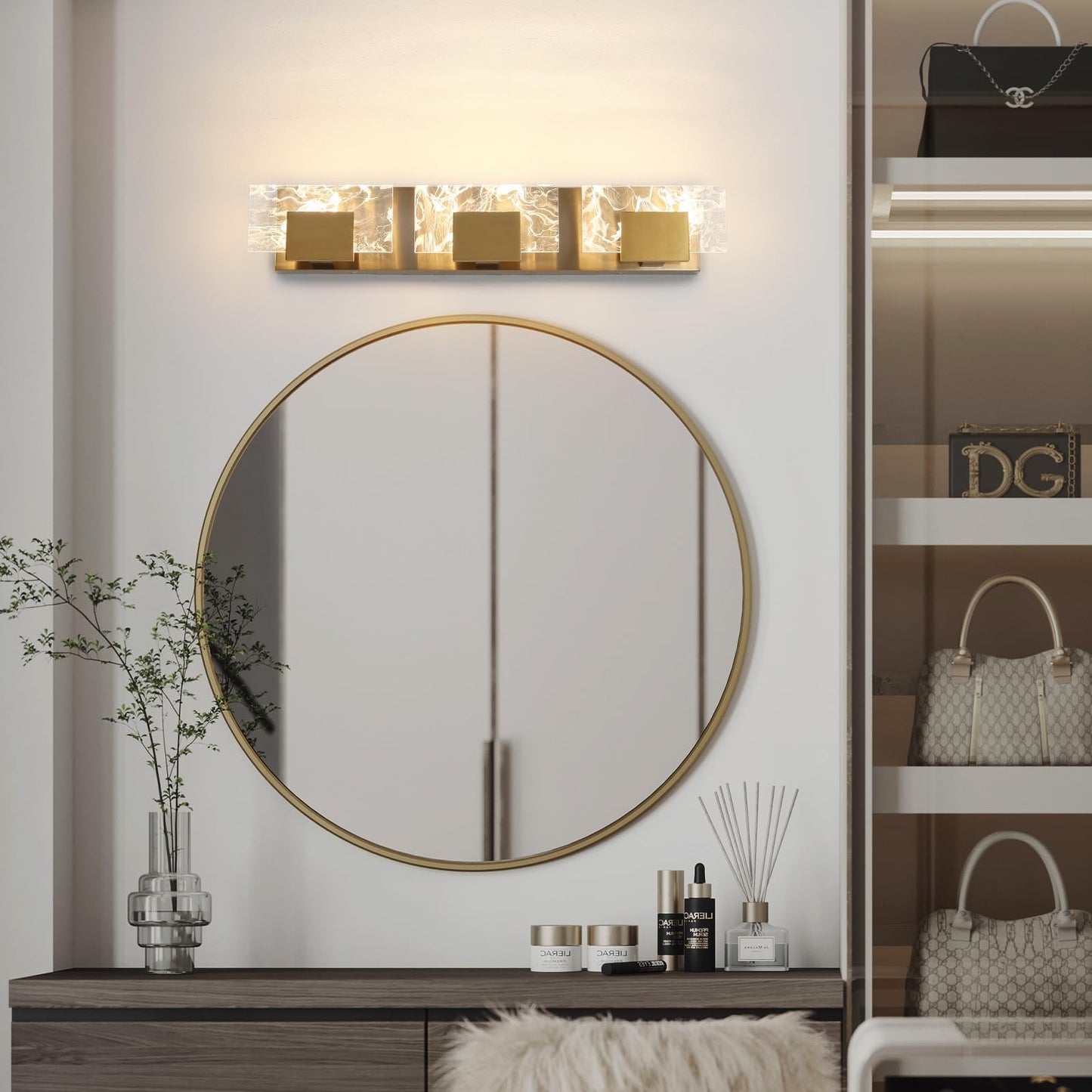 HAHZT LED Bathroom Vanity Light: 24 inch Brushed Gold Acrylic Modern Lighting Fixtures - 3 Lights Contemporary Smoke Design Wall Lights Fixture Over Mirror 3000K