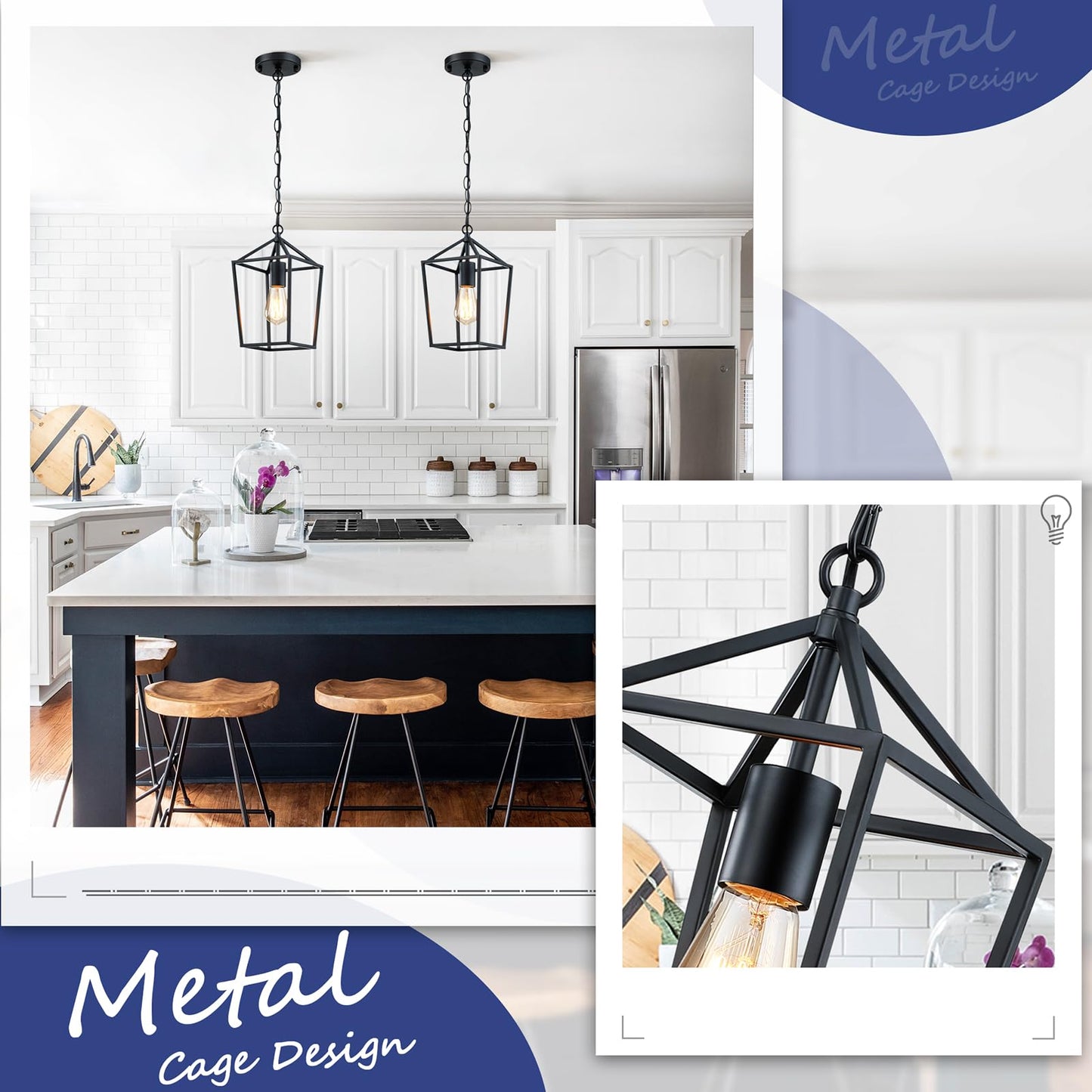 Sheetea 2-Pack Farmhouse Pendant Lights Kitchen Island, Black Pendant Light Fixtures Hanging Lamp for Dining Room, Modern Kitchen Pendant Lighting Over Island, Metal Cage Design