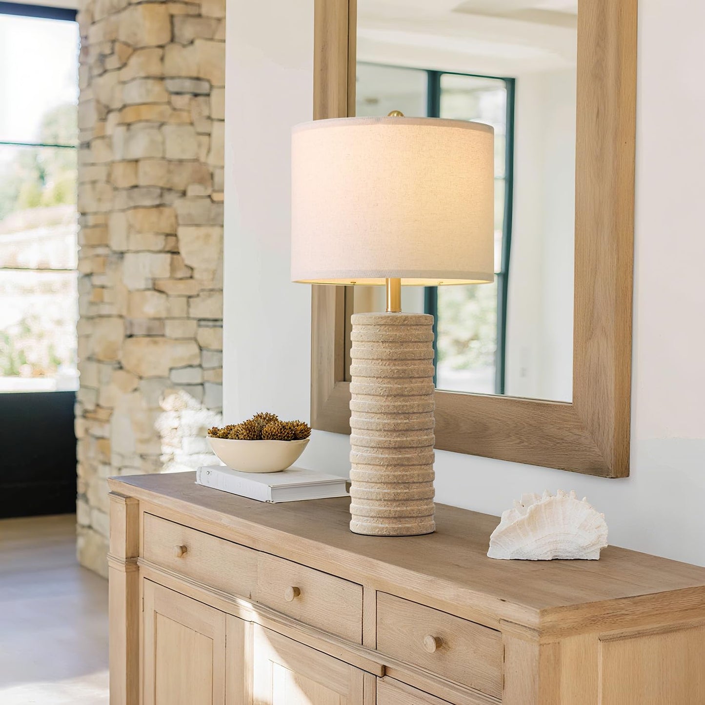 PoKat 27" Farmhouse Ceramic Table Lamps Set of 2 for Bedroom, Stone-Like Boho Nightstands Lamps for Night Stands, Distressed Beige Bedside Lamps with Natural Textured for Living Room, Sand-Colored