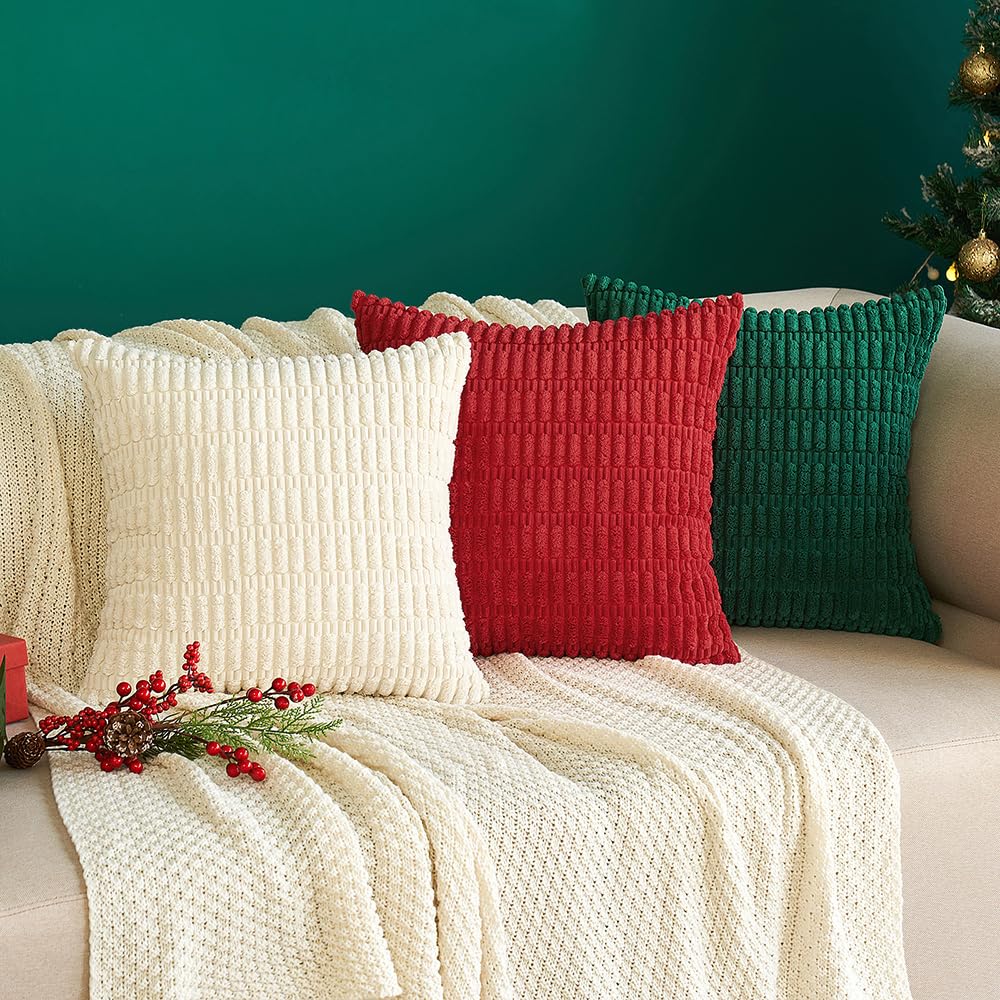 MIULEE Pack of 2 Corduroy Decorative Throw Pillow Covers 18x18 Inch Soft Boho Striped Pillow Covers Modern Farmhouse Home Decor for Sofa Living Room Couch Bed Cream White