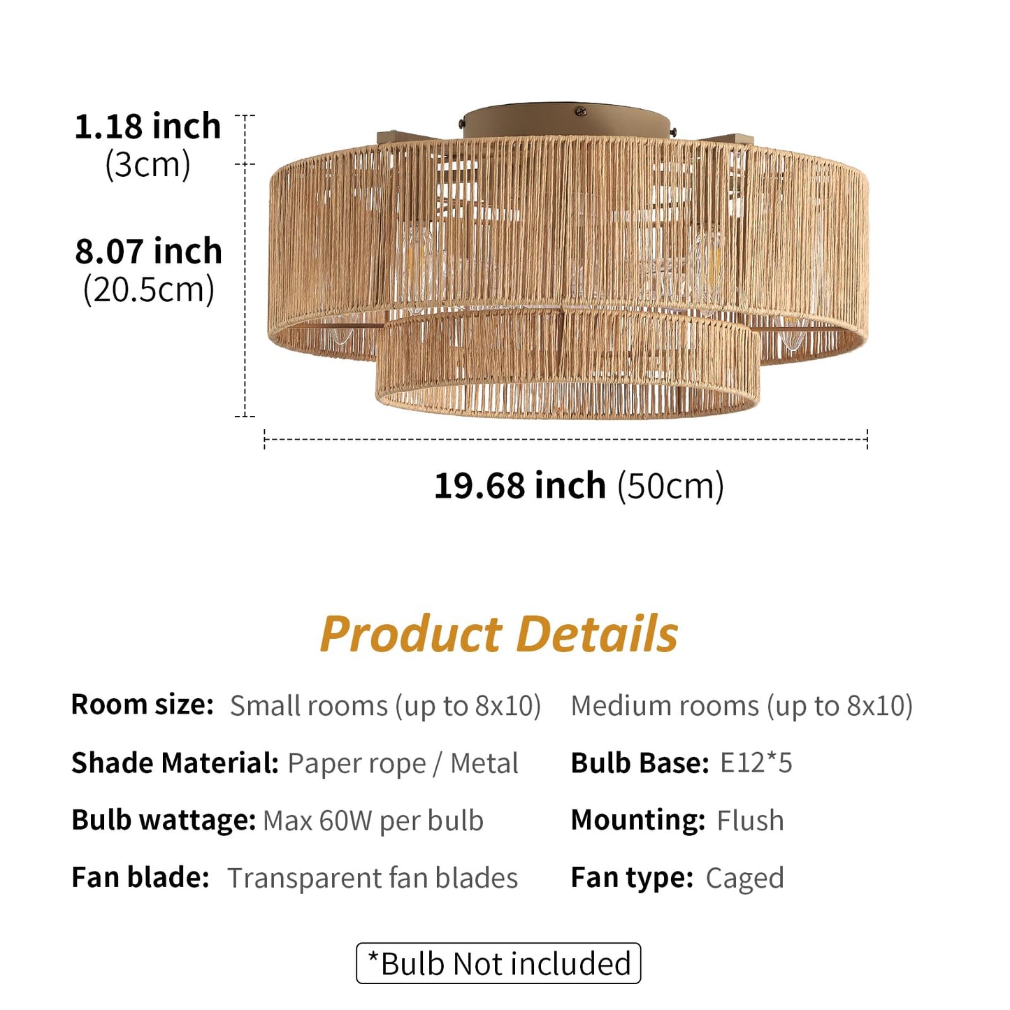 20 Inch Boho Caged Ceiling Fans with Lights Flush Mount, Layered Rattan Ceiling Fan with Light Remote Control with Reversible 6 Speeds for Bedroom, Nursery, Living Room, E12 Base, Indoor