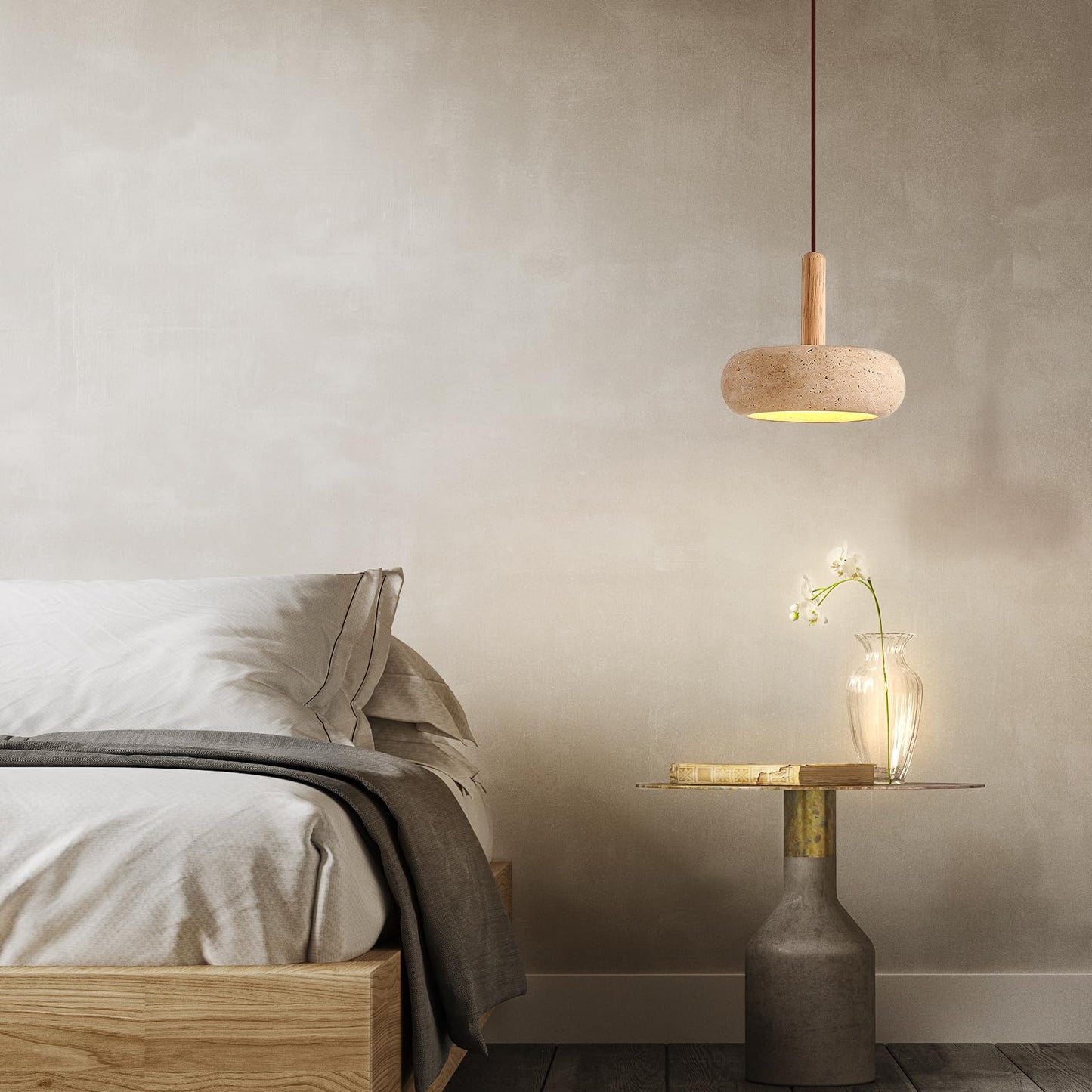 Wabi Sabi Pendant Light Natural Stone Shade Nordic Wood Chandelier,Yellow Travertine Cave Lamp, Japanese Style Lights 15W,Natural Stone Lights for Dining Room Bedside Kitchen Island Hallway