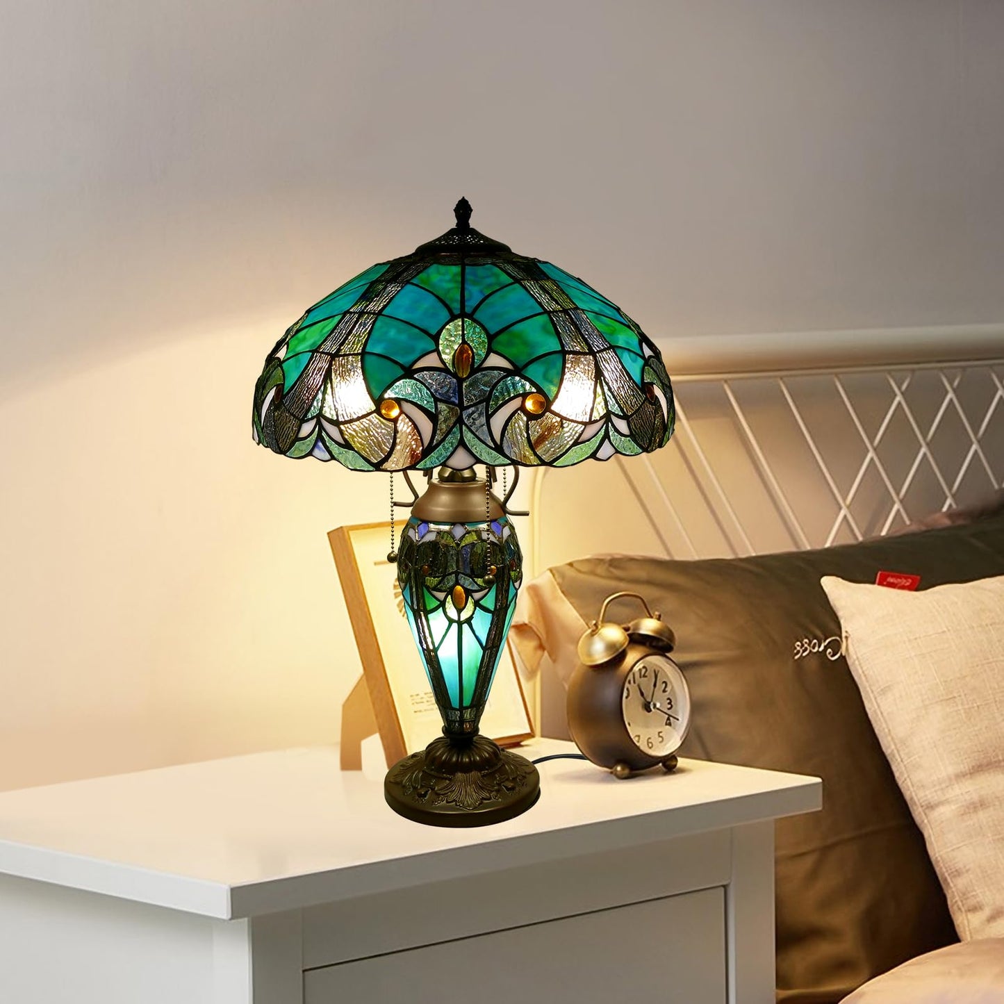 VirtueKing Tiffany Style Table Lamp 16 Inch Wide Green Tiffany Lamp Handmade Stained Glass Lamp 24" Tall Mother-Daughter Style Desk Reading Light Decor for Bedroom Living Room Home Office