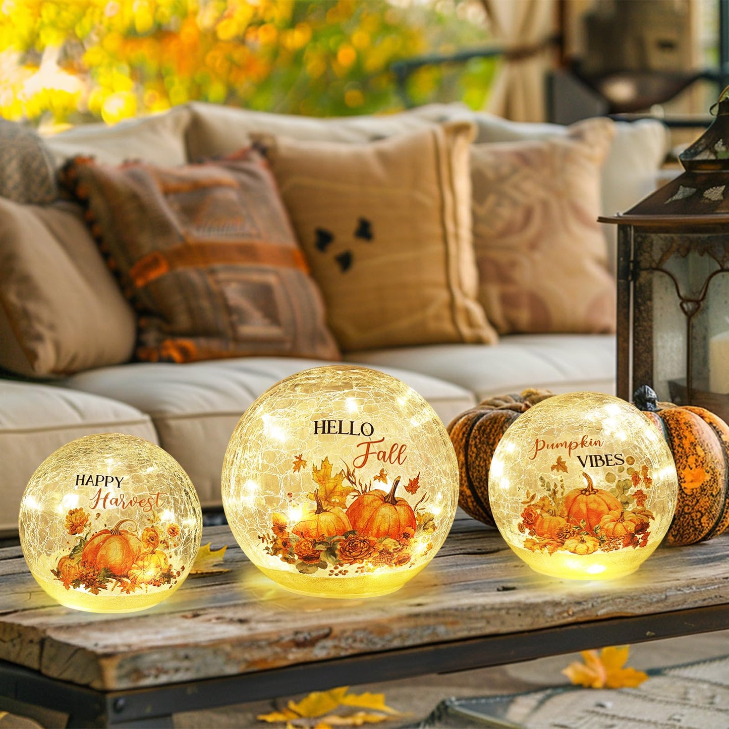 NEEDOMO Fall Table Decor, Set of 3 Sparkling Crackle Glass Ball with LED Lights Timer Pumpkin Gnomes for Thanksgiving Decor, Autumn Centerpieces Thanksgiving Decorations for HomeTabletop Mantel Indoor