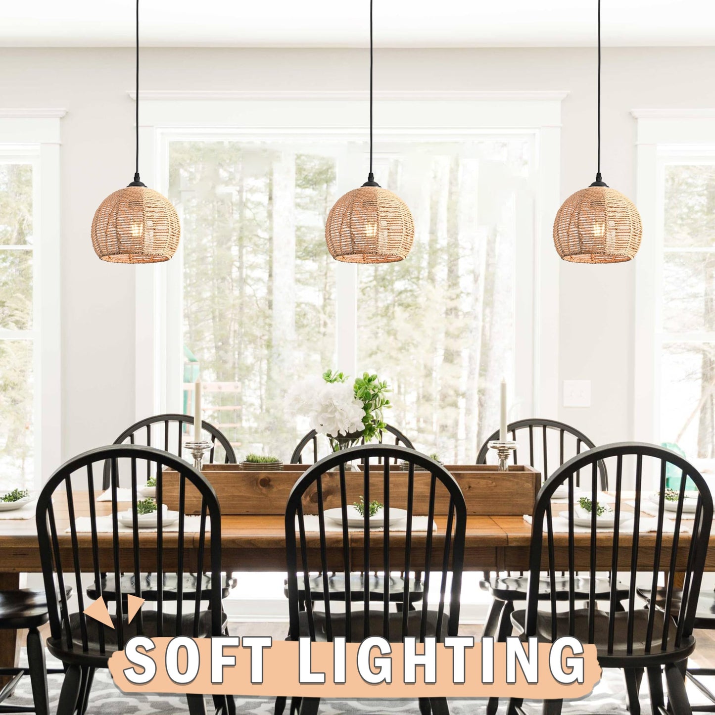 AyshwillDec 3 Pack Wicker Pendant Light Natural Woven Pendant Light Boho Chandelier Light Fixture Dome Rustic Farmhouse Pendant Lights Rattan Light Fixture for Dining Room Kitchen Island (Bulb Incl.)