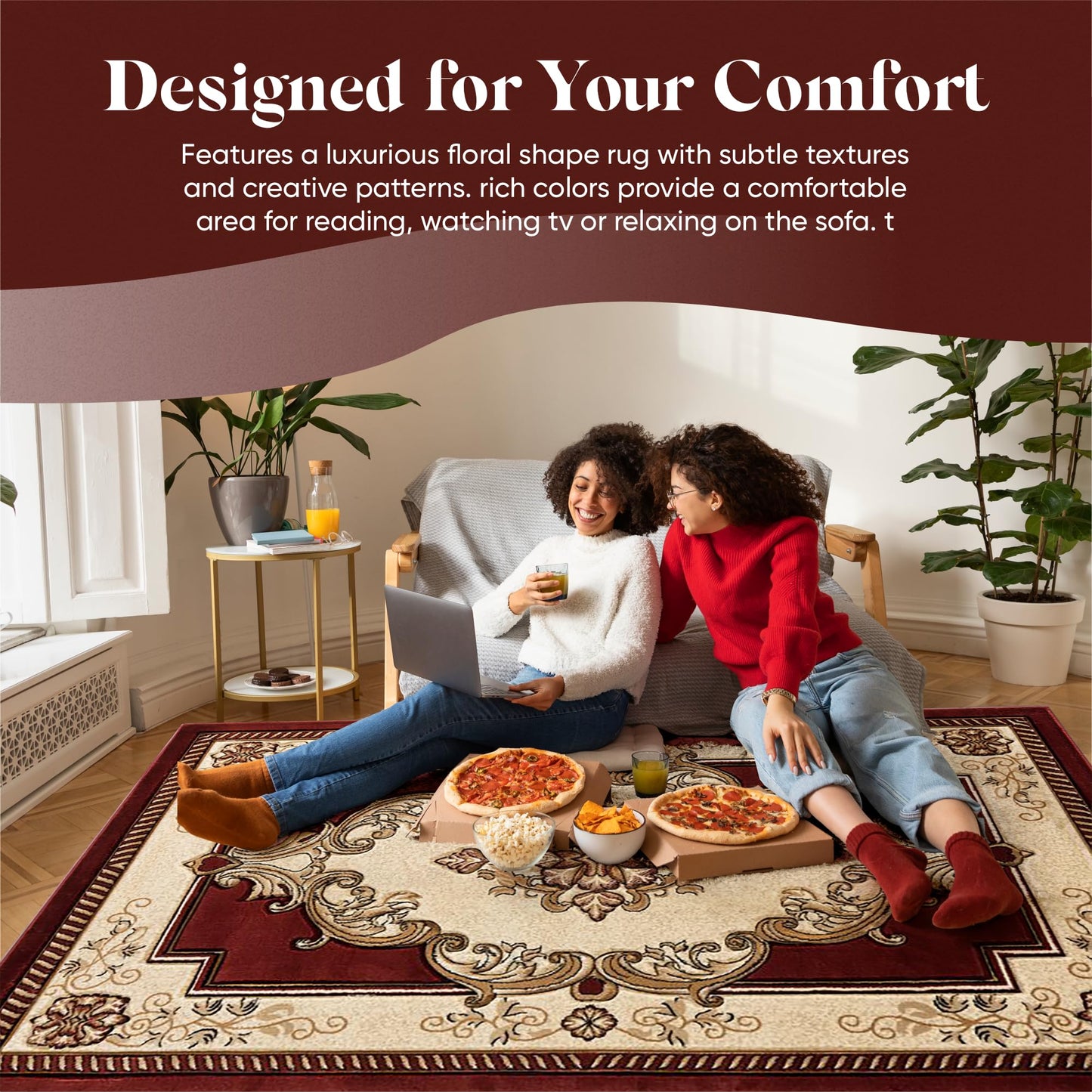8x10 Area Rugs Large Boho Glamour Thick Plush Oriental Rug Traditional Carpet Floral Medallion Rugs for Living Room and Bedroom Floor Burgundy