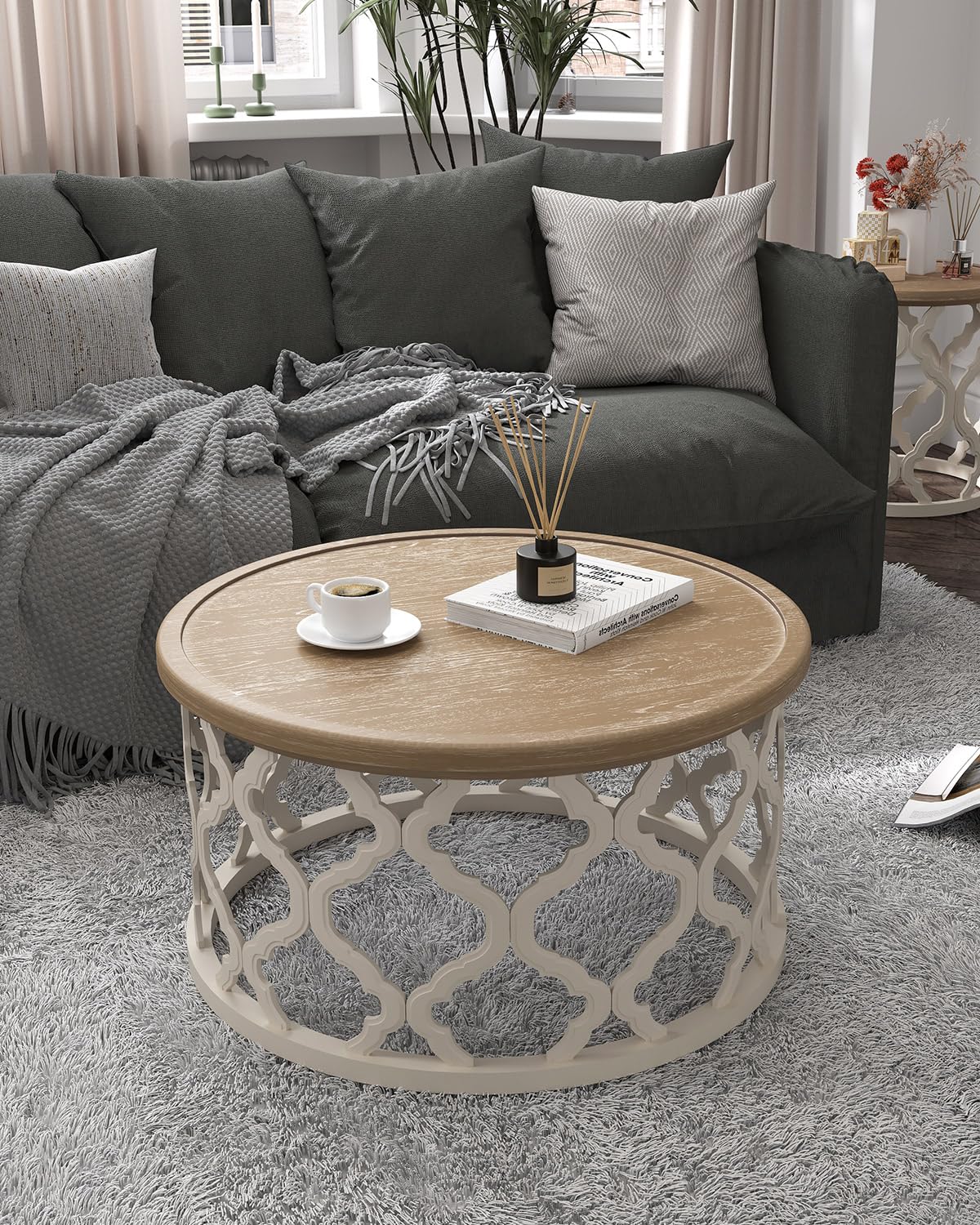 VONLUCE Farmhouse Coffee Table,30'' Round French Country Coffee Table,Distressed Wood Tray Top Vintage Coffee Table with Storage Shelf for Living Room Dining Room Bedroom,Small Space,Beige