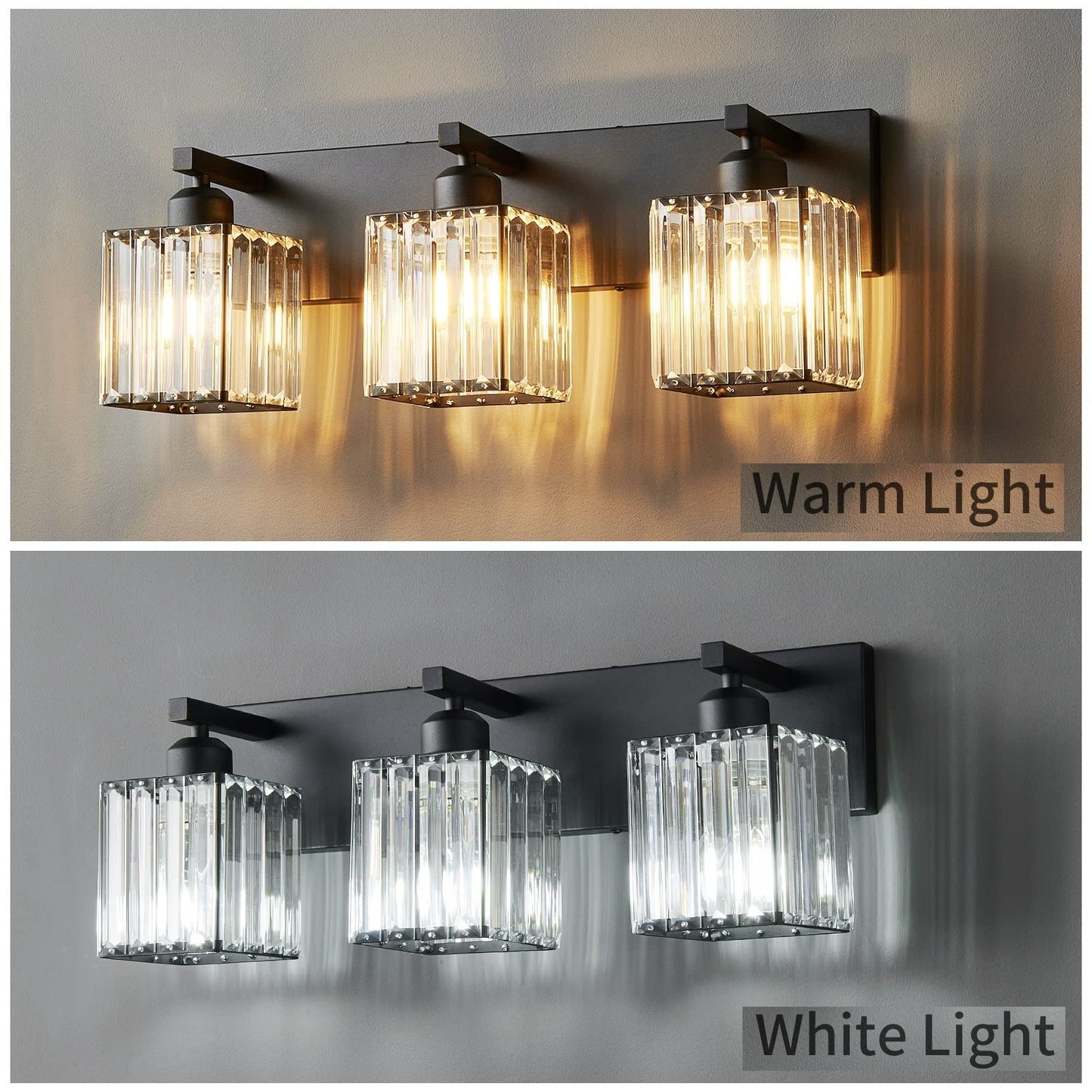 FDPBY Modern Bathroom Vanity Light 3-Lights Modern Black Crystal Wall Light Bathroom Vanity Light Fixtures