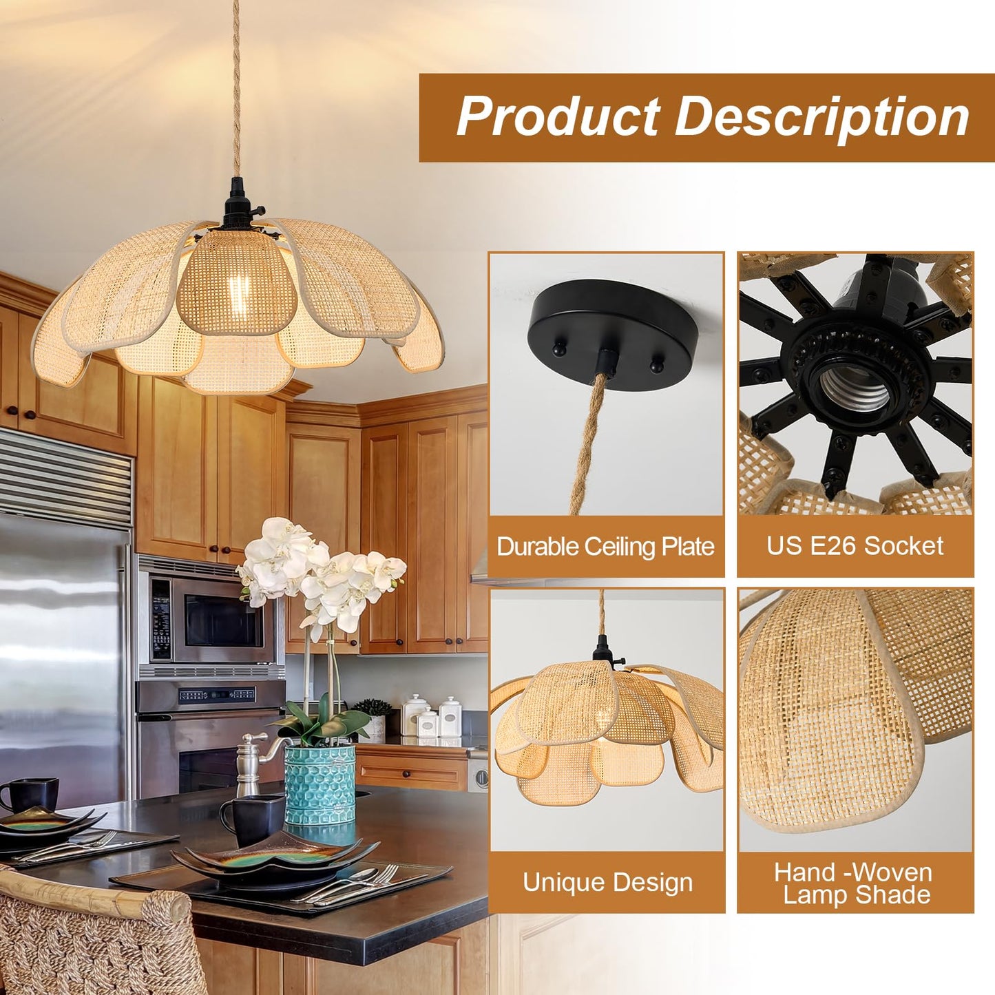 Boho 20 Inch Rattan Chandeliers Flower Hanging Lights Hemp Rope Flower Pendant Lights Handwoven Lampshade Ceiling Hanging Lamp Fixture for Bedroom Kitchen Island Dining Room Living Room