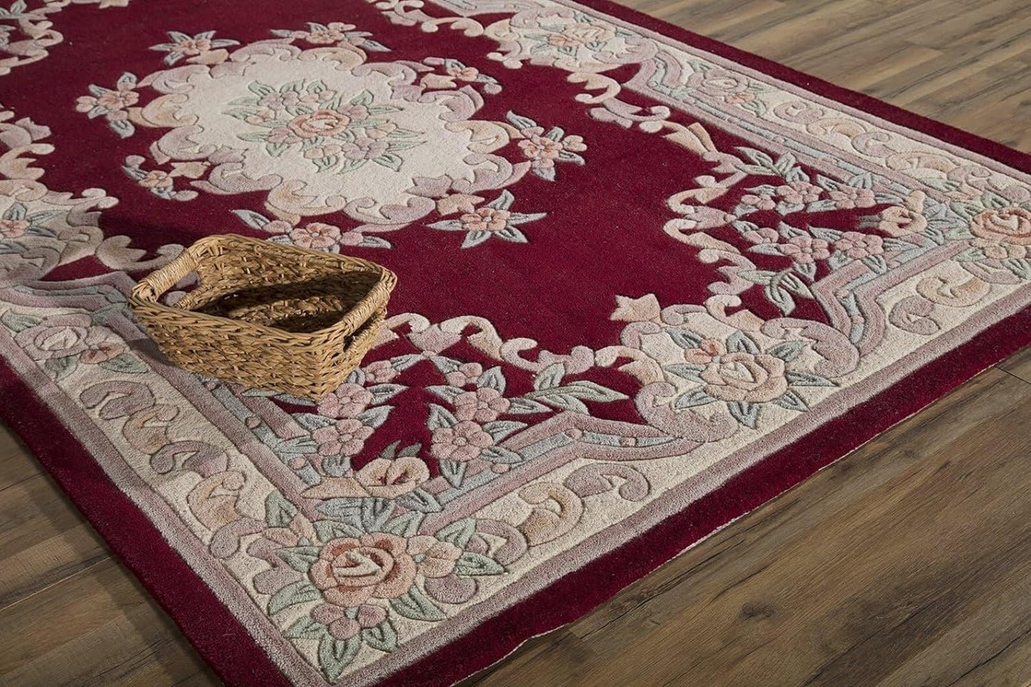 Handmade Premium Area Rug Aubusson Design, Luxury Wool Crafted Non- Slip Bedroom Rug, Dining Room, Hallway Entryway Carpet, Woolen for Accent (Red E5, 9X12 feet)