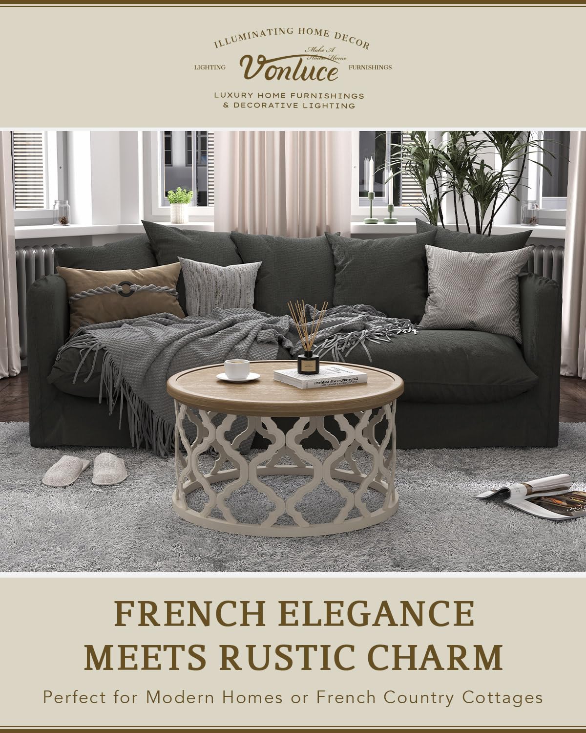 VONLUCE Farmhouse Coffee Table,30'' Round French Country Coffee Table,Distressed Wood Tray Top Vintage Coffee Table with Storage Shelf for Living Room Dining Room Bedroom,Small Space,Beige
