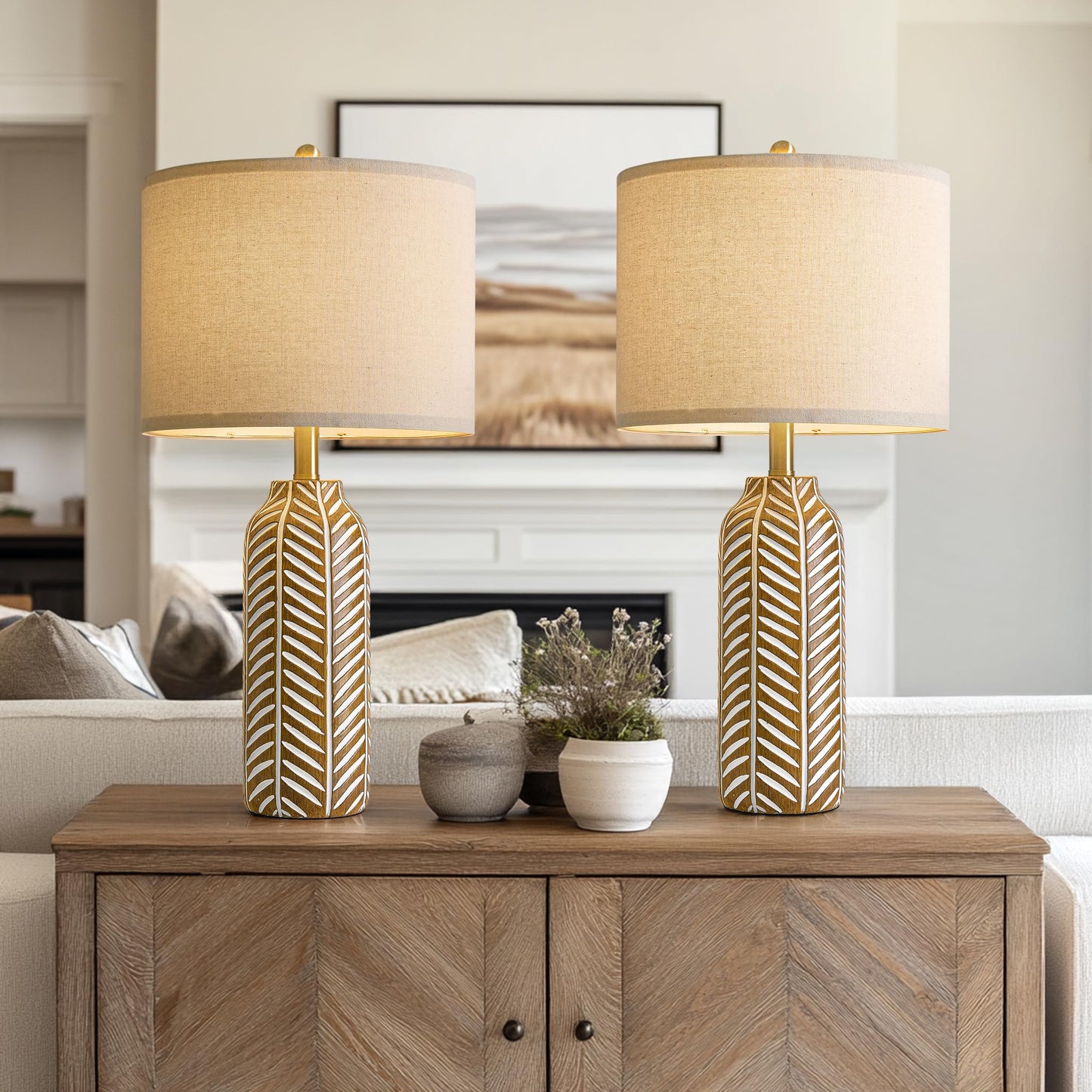 BOBOMOMO 26" Farmhouse Table Lamps Set of 2 - Vintage Leaf Design, Rustic Resin Nightstand Lamps for Bedroom, Living Room, Nursery, Hallway, Elegant Living Room Lamps with Linen Shades Antique Brown