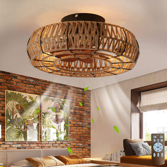 Letmarey 20" Caged Ceiling Fans with Lights and Remote, Boho Flush Mount Ceiling Fan with Light, Low Profile Chandelier 6 Speed Bladeless Reversible Ceiling Fan w/ 4 Bulbs. for Living Room Bedroom.