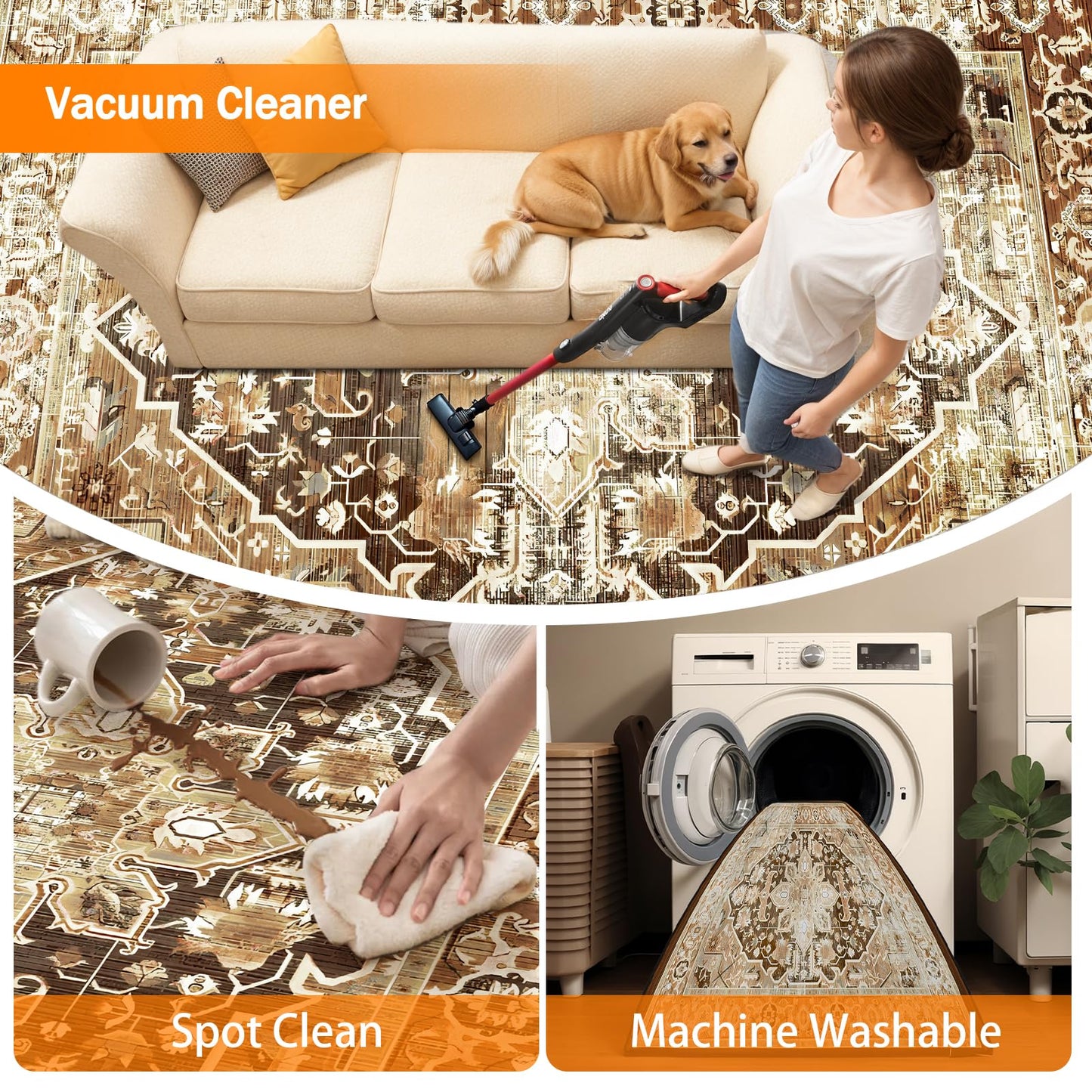 Blivonta Washable Area Rugs for Living Room Bedroom, 9x12 Large Luxury Accent Throw Carpet for Kitchen Dining Room Home Office, Boho Vintage Retro Non-Slip Laundry Dining Room Mat