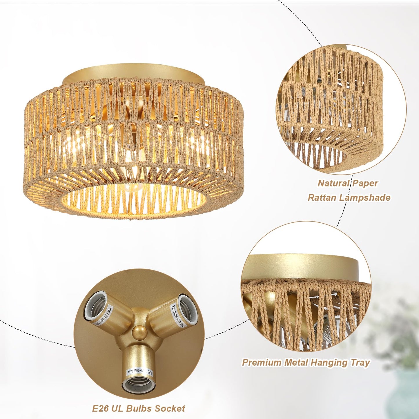PAUFUL Boho Light Fixtures, 3-Light Farmhouse Rattan Ceiling Light, Flush Mount with Hand-Woven Shade, Modern Chandelier for Living, Bedroom, Entryway, Kitchen, Nursery