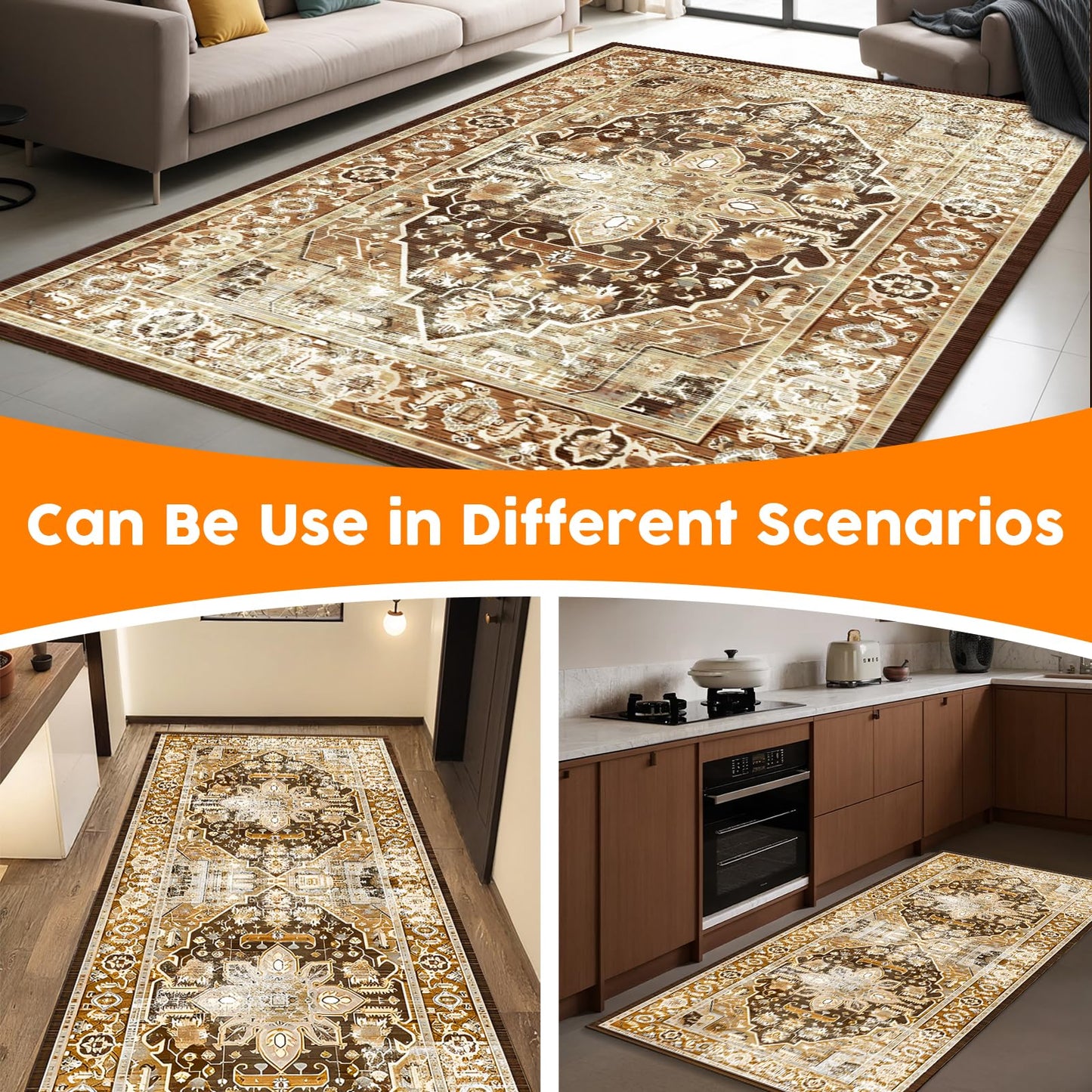 Blivonta Washable Area Rugs for Living Room Bedroom, 9x12 Large Luxury Accent Throw Carpet for Kitchen Dining Room Home Office, Boho Vintage Retro Non-Slip Laundry Dining Room Mat