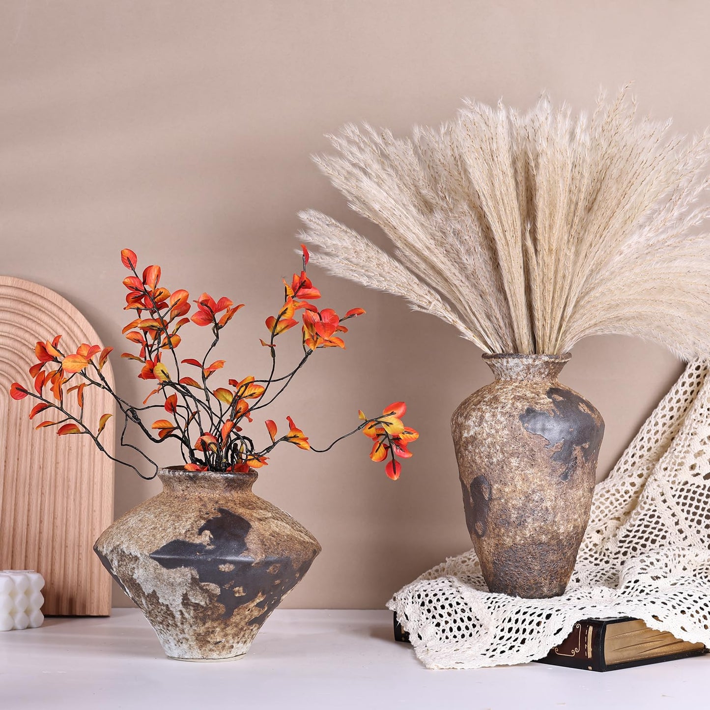 Small Stone Vase for Rustic Home Decor, Farmhouse Antique Pottery Vase Furniture&Table Flower Decorative, Round Terracotta Vases for Living Room Decor, Modern Rustic Concrete Clay Art Vases