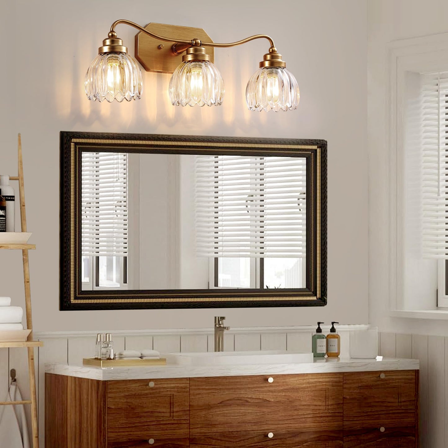 Vintage Bathroom Light Fixtures, Gold Bathroom Vanity Light, Matte Antique Brass Finish with Crystal Glass Shade, Wall Sconces Lighting for Bedroom, Living Room, Hallway (Gold, 3-Light)